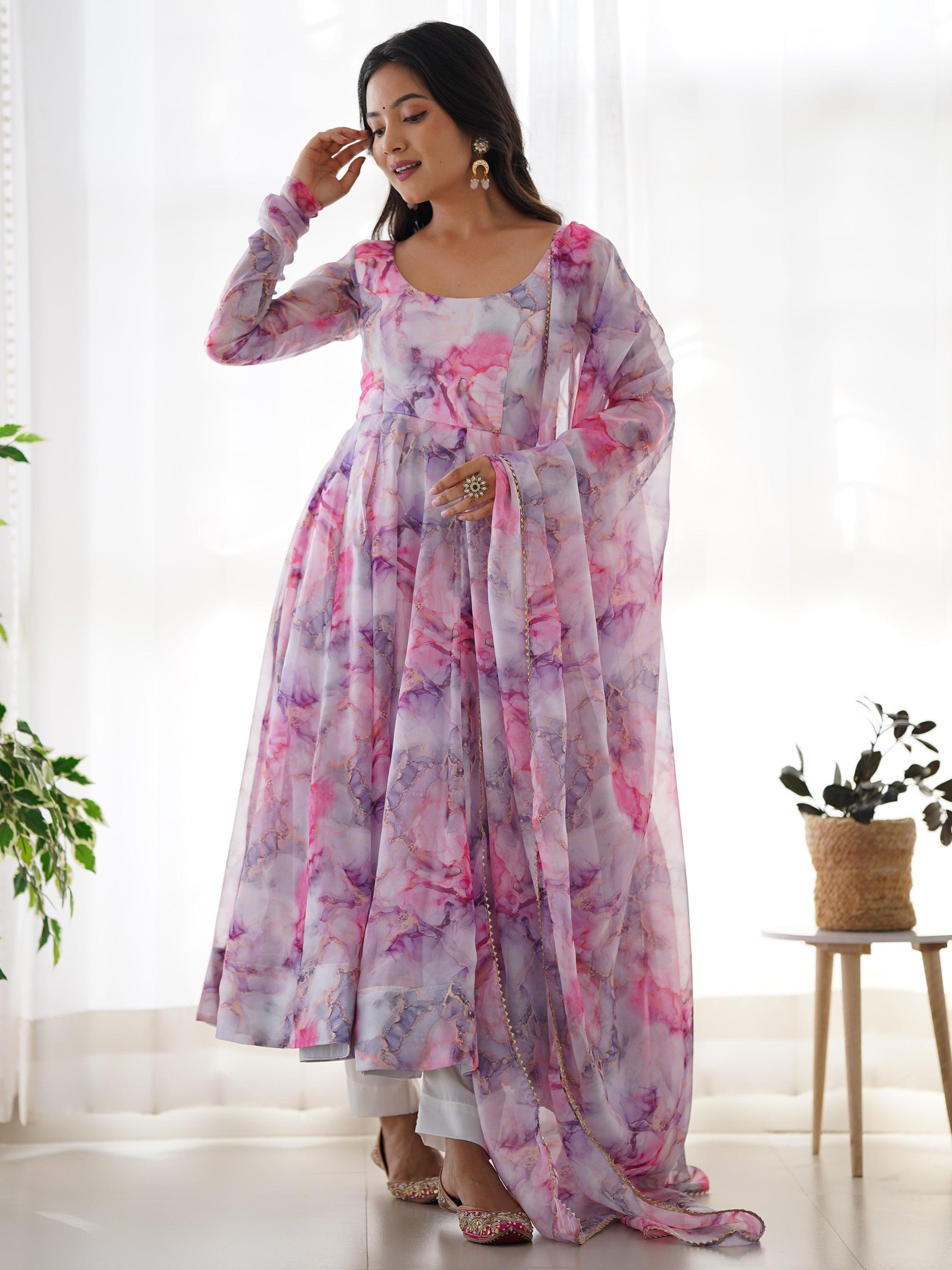 Charming off-white digital printed organza traditional anarkali suit with intricate embroidery