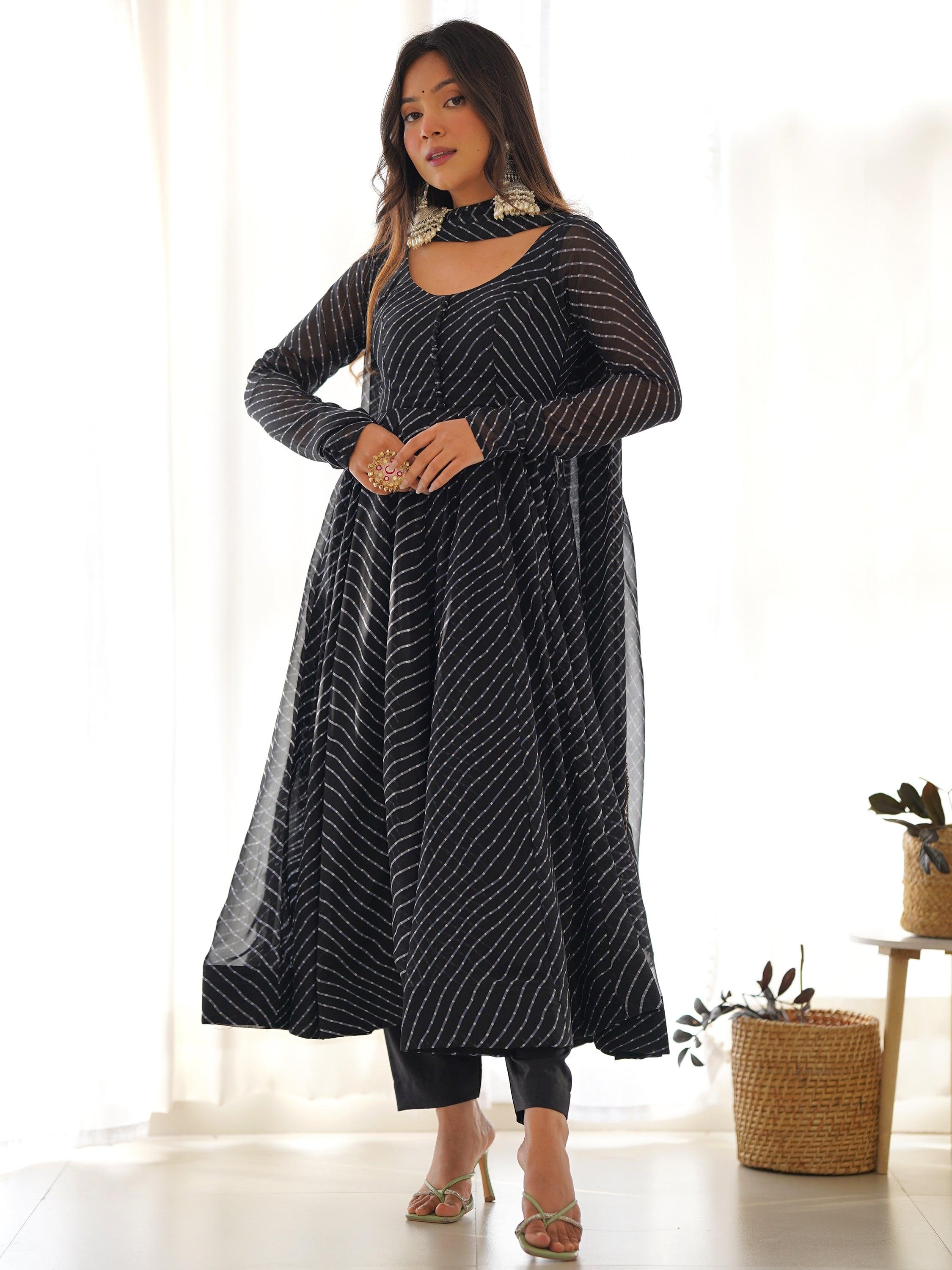 Black Georgette Anarkali Suit with Laheirya Print Work