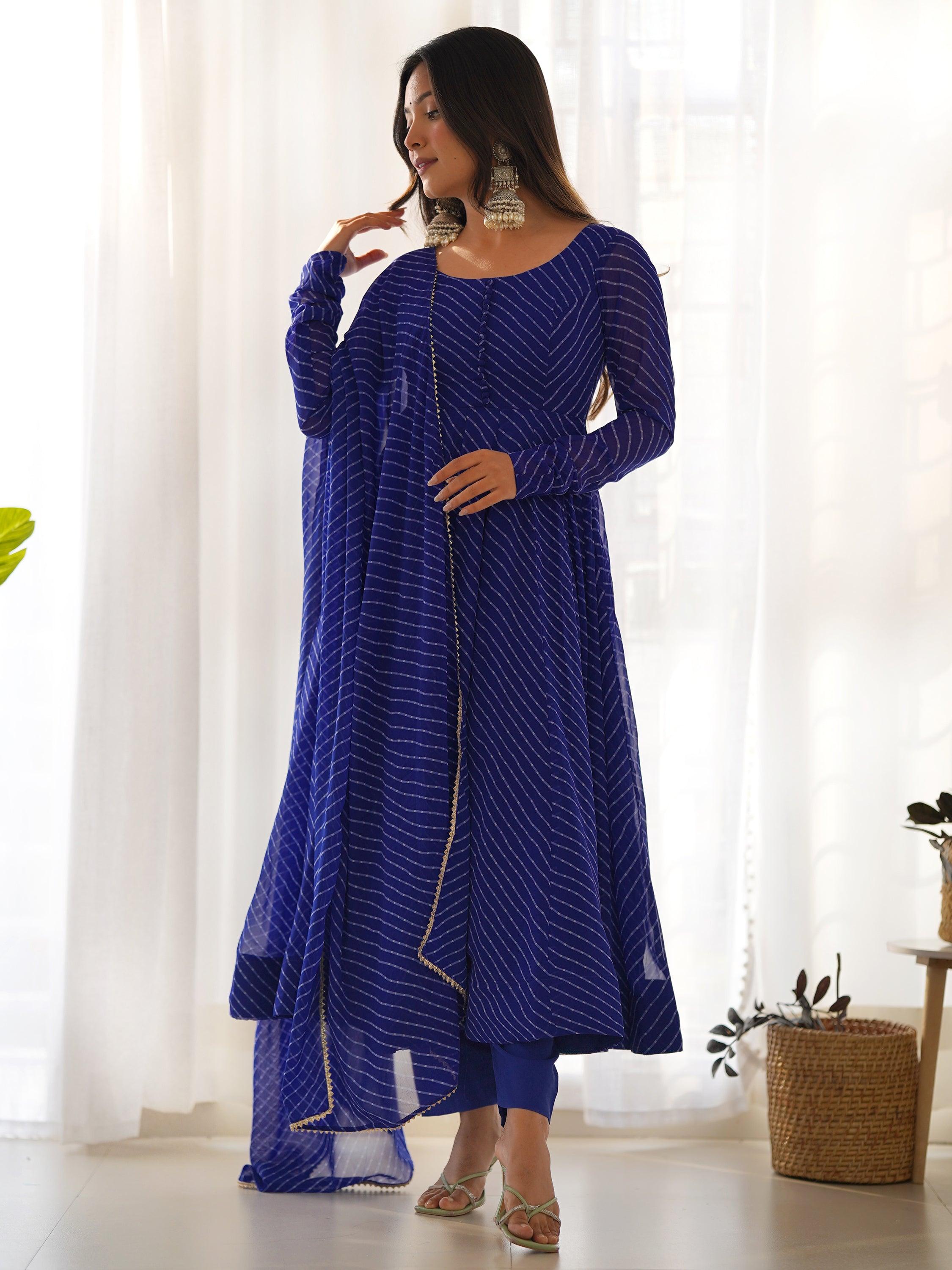 Enchanting Blue Laheriya Printed Georgette Event Wear Anarkali Suit with intricate embroidery and flowing silhouette