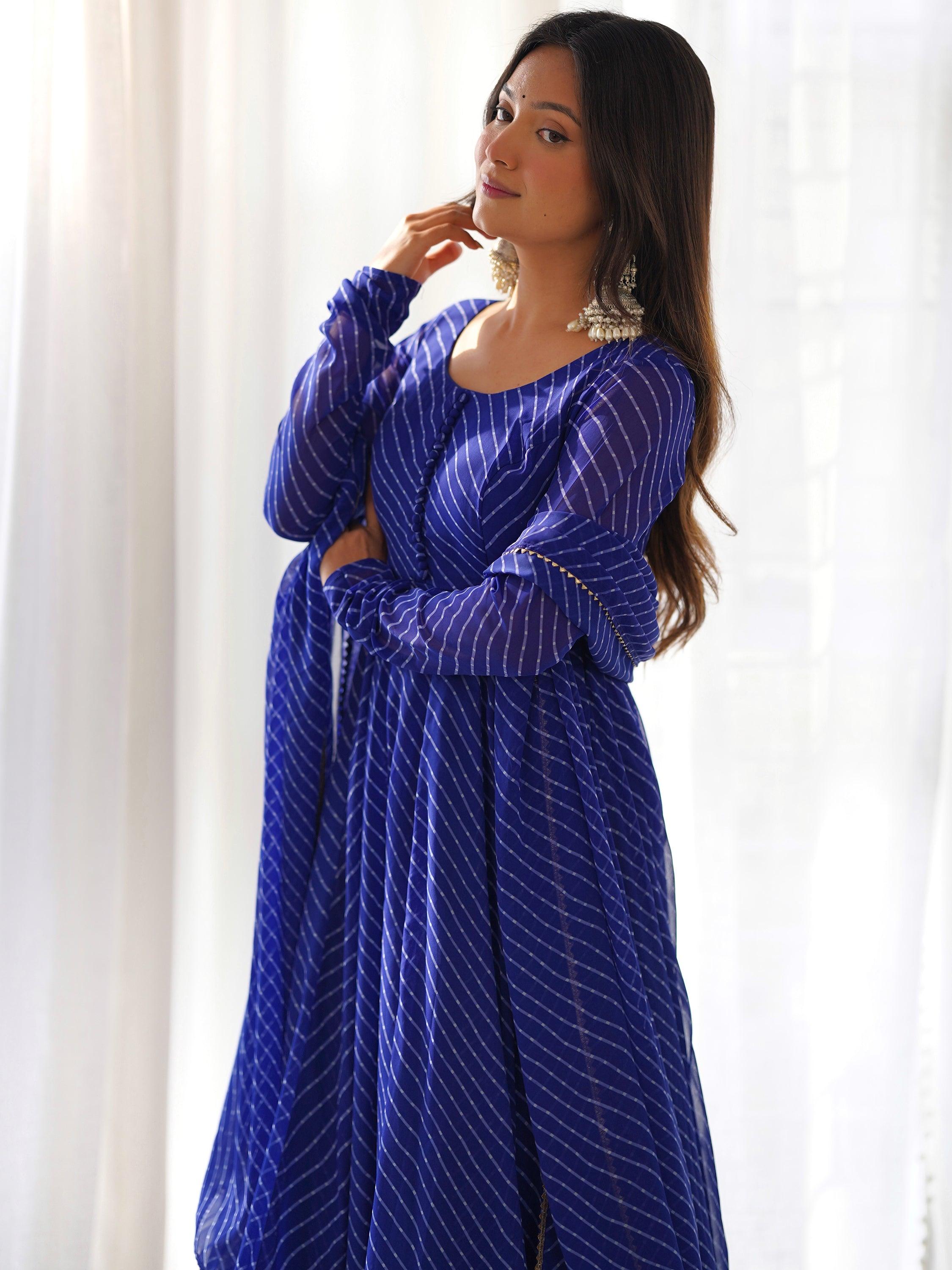 Enchanting Blue Laheriya Printed Georgette Event Wear Anarkali Suit with intricate detailing and elegant design