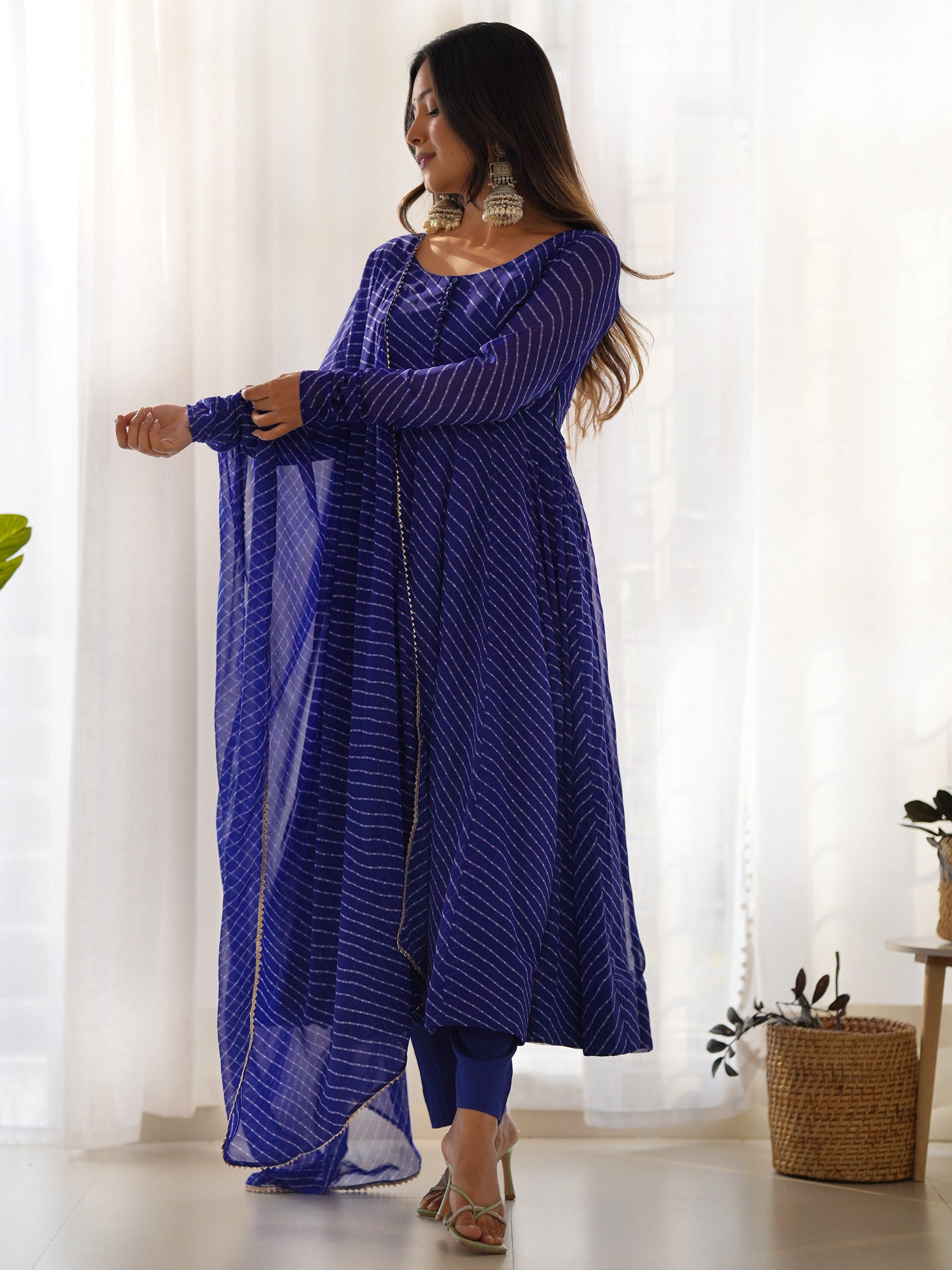 Enchanting Blue Laheriya Printed Georgette Event Wear Anarkali Suit with intricate detailing and elegant design