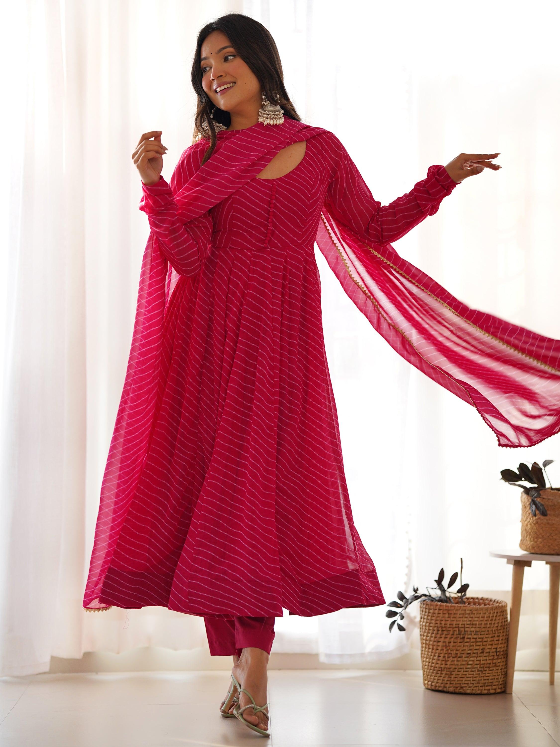 Exquisite pink georgette anarkali suit with laheirya print work