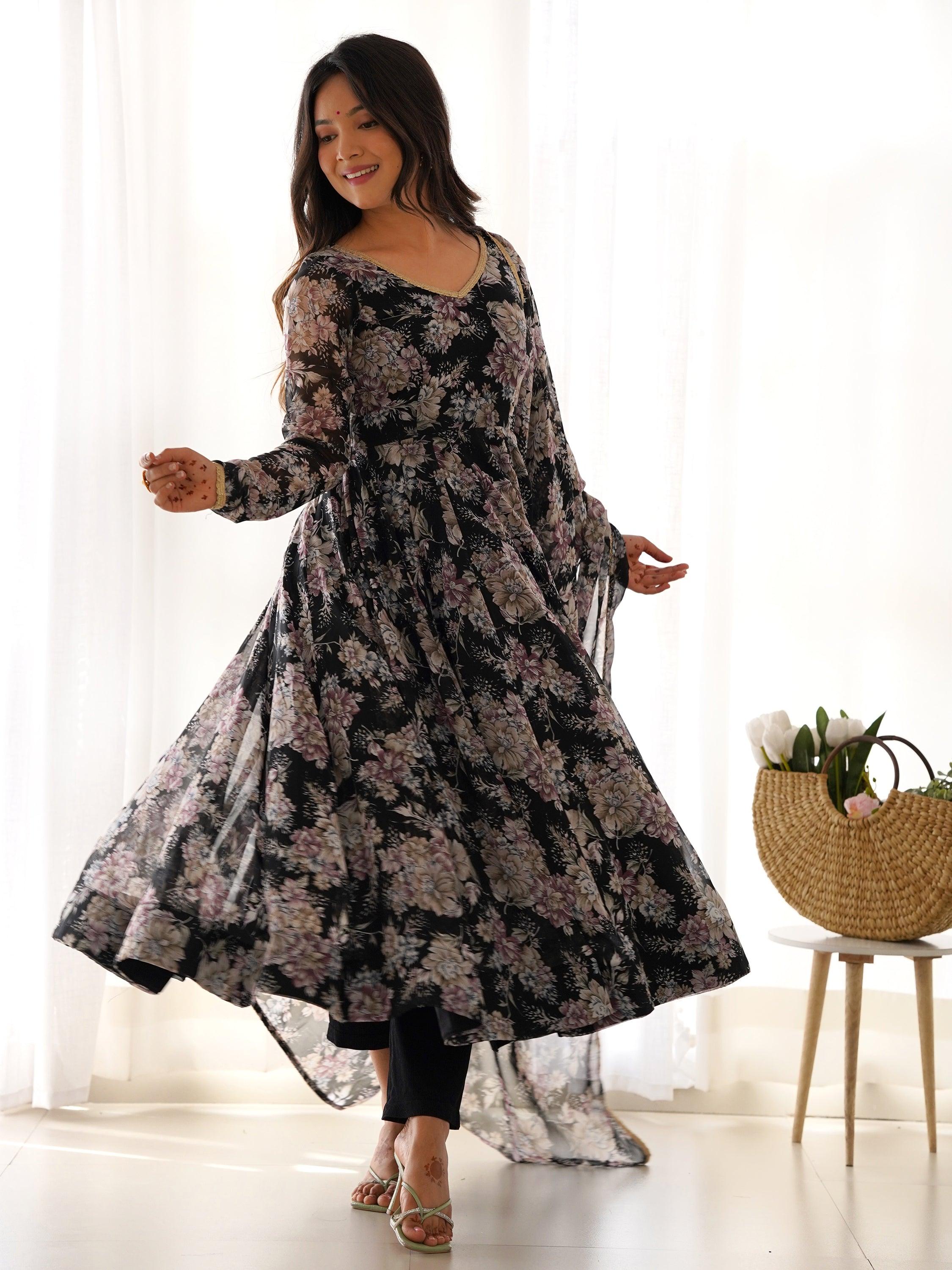 Matching georgette dupatta with beautiful floral print and fancy lace border