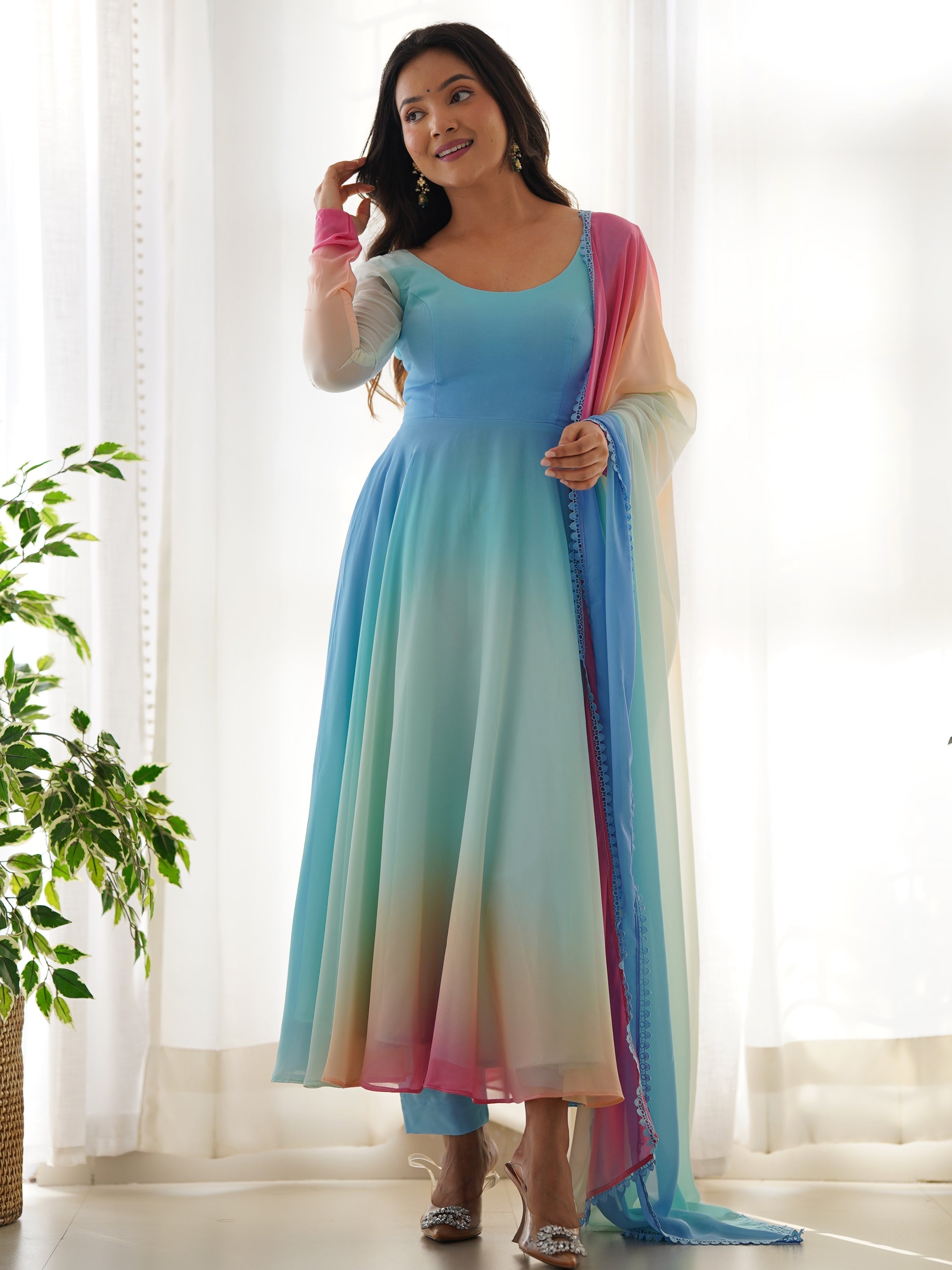 Elevate your look with this excellent multi-color Anarkali suit