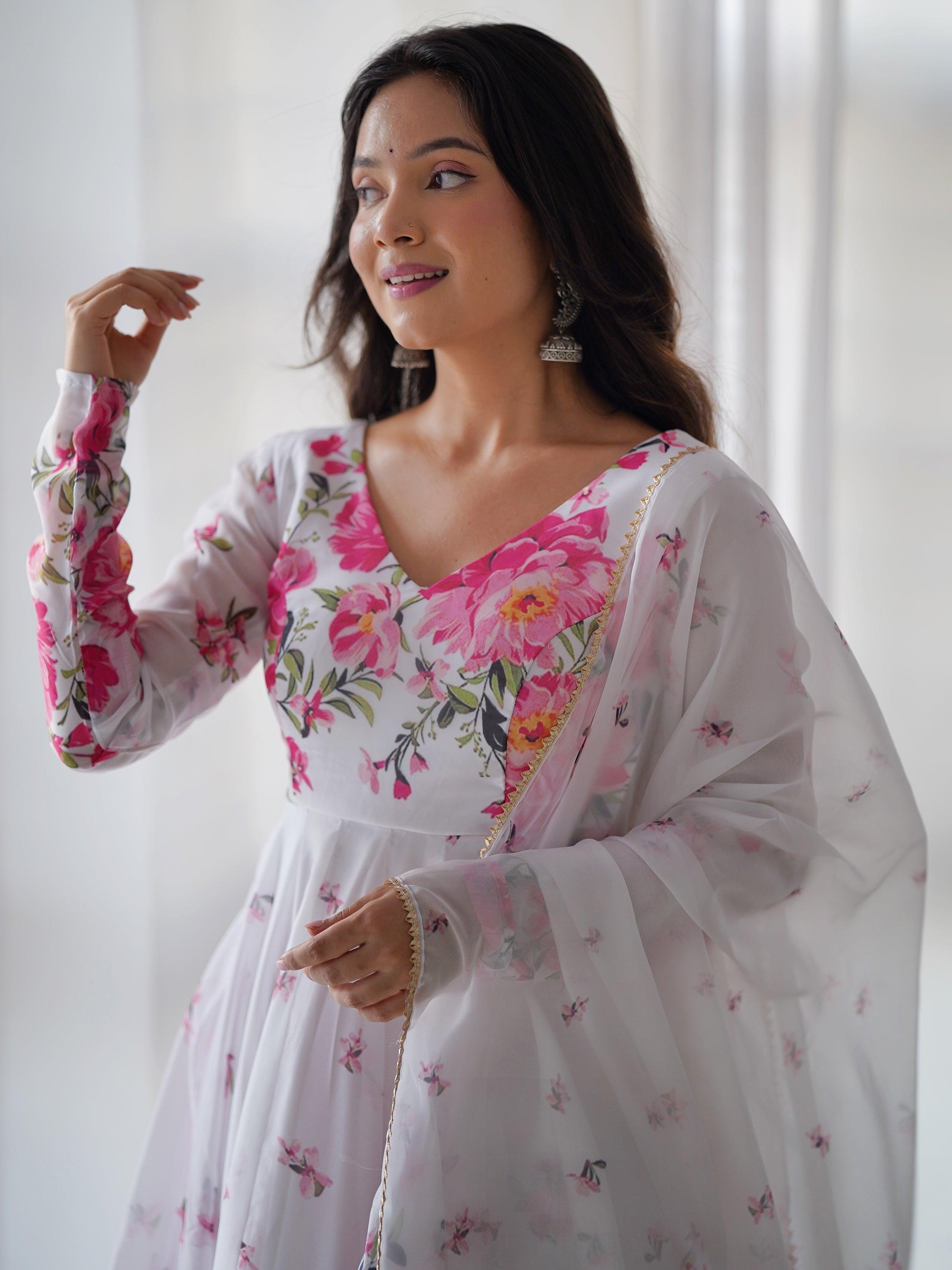 Enchanting white floral printed organza festival wear anarkali suit, perfect for grand celebrations and casual gatherings