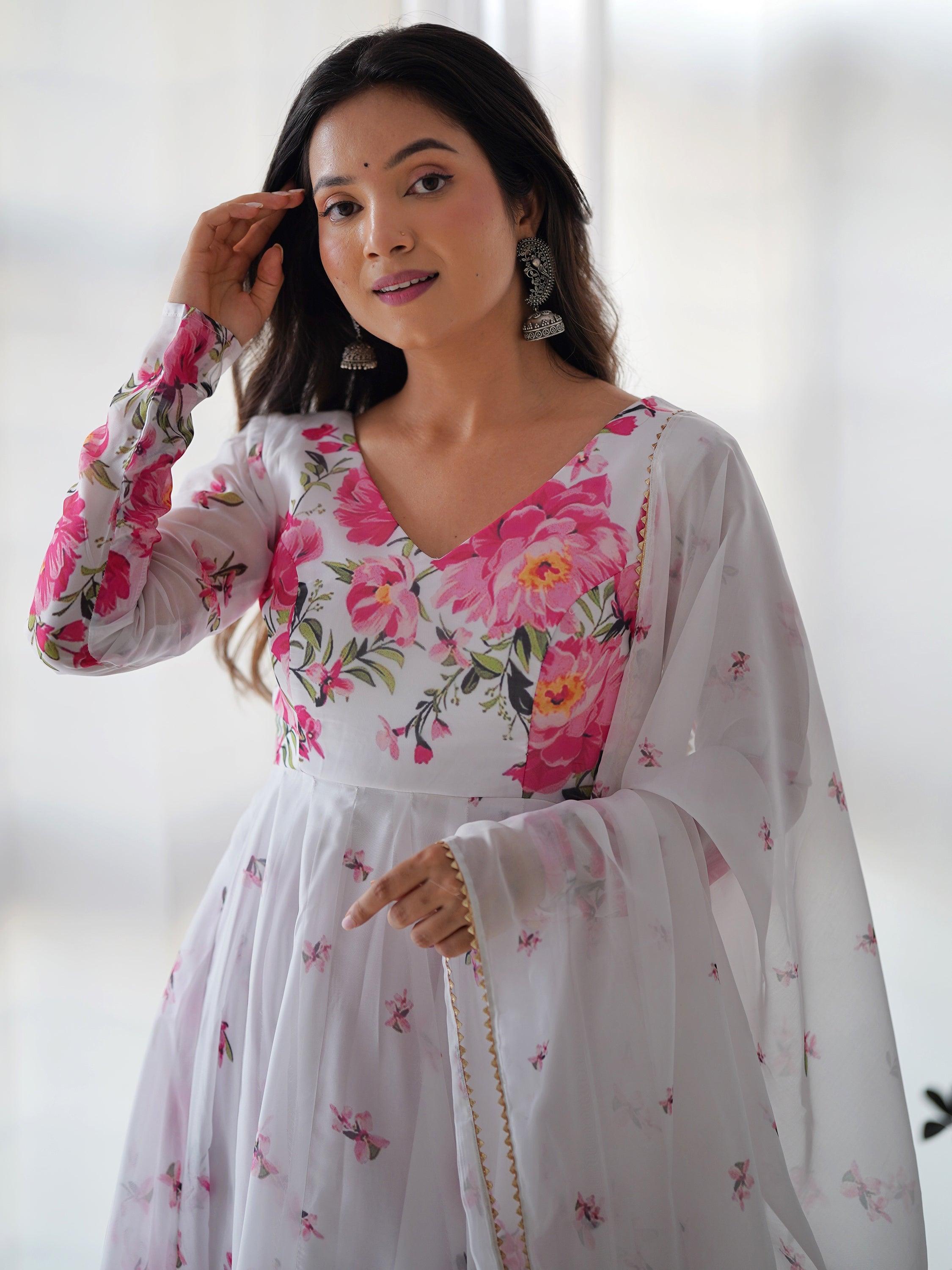 Side view of white organza anarkali suit with pink cotton silk pant, ideal for elevating your wardrobe