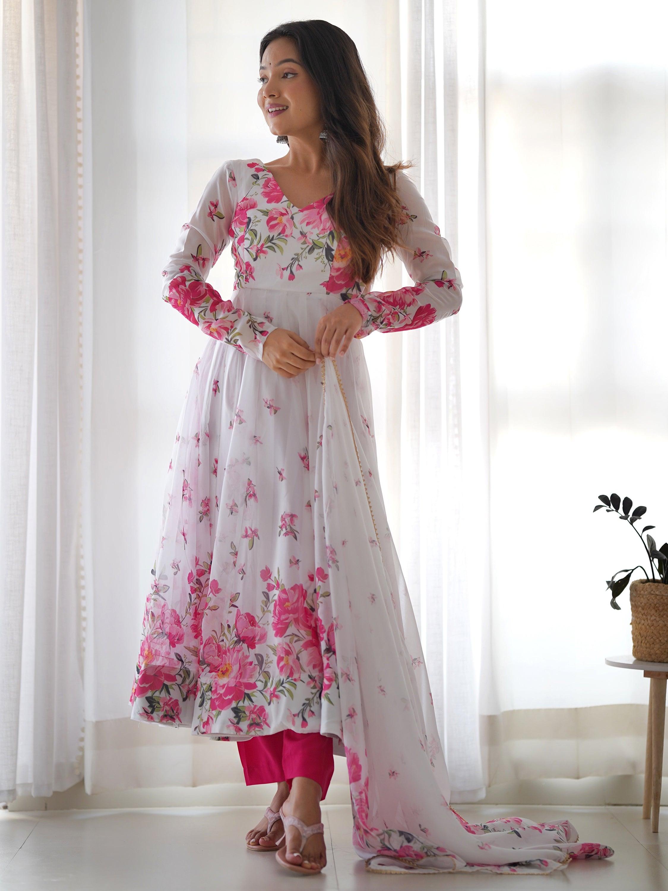 Pink cotton silk pant paired with white organza anarkali suit, combining comfort and style for all body types