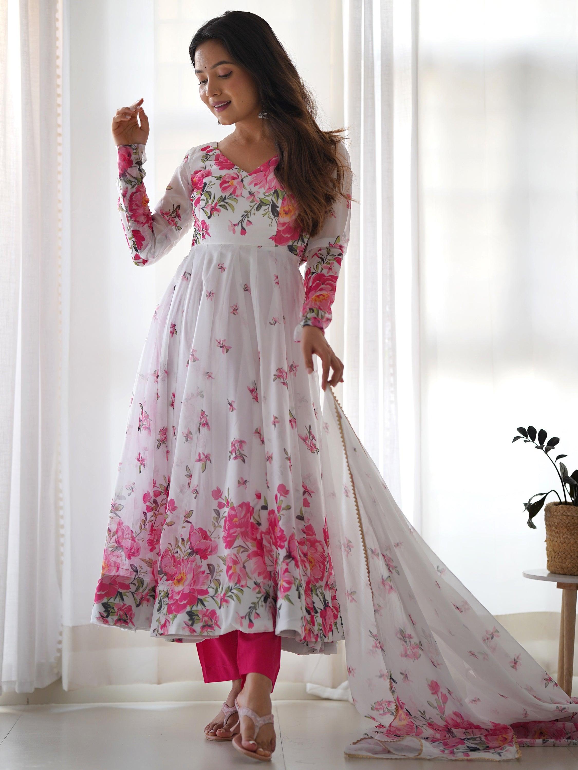 Fully stitched white organza anarkali suit available in sizes XS to XXL, tailored to fit and flatter