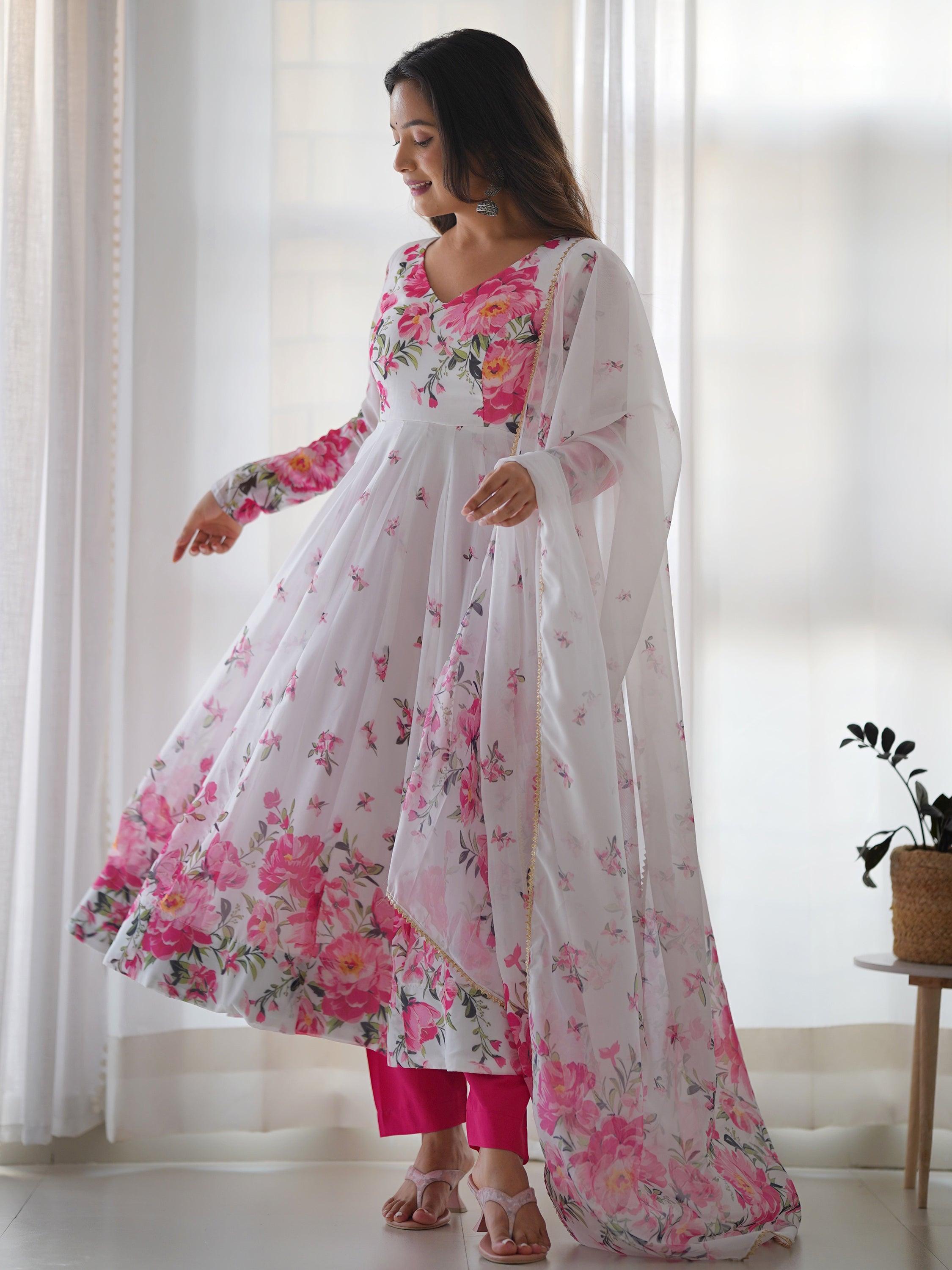 Matching white georgette dupatta with floral print work, adding elegance and charm to the outfit