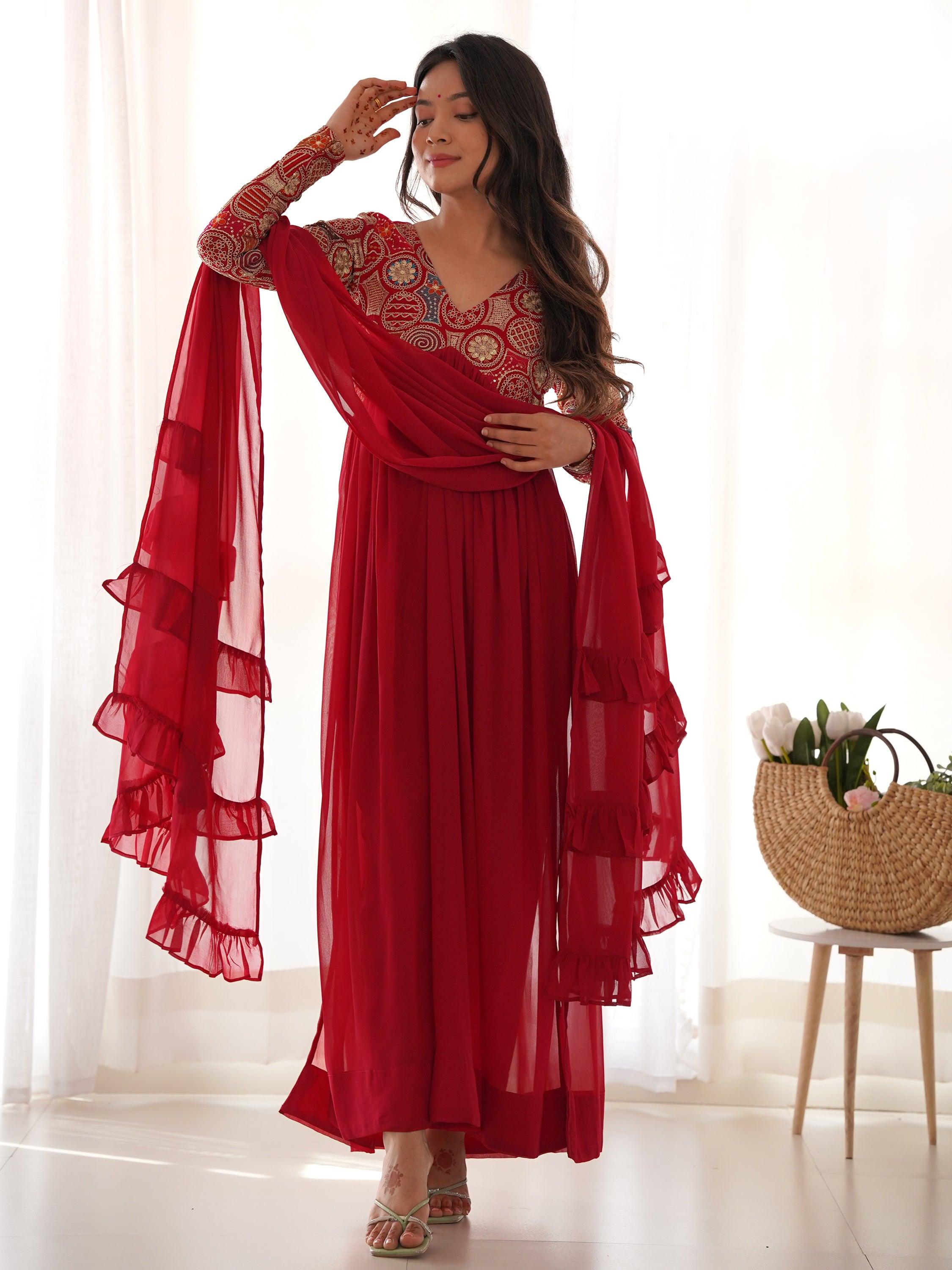 Exquisite thread embroidery on red georgette Anarkali suit