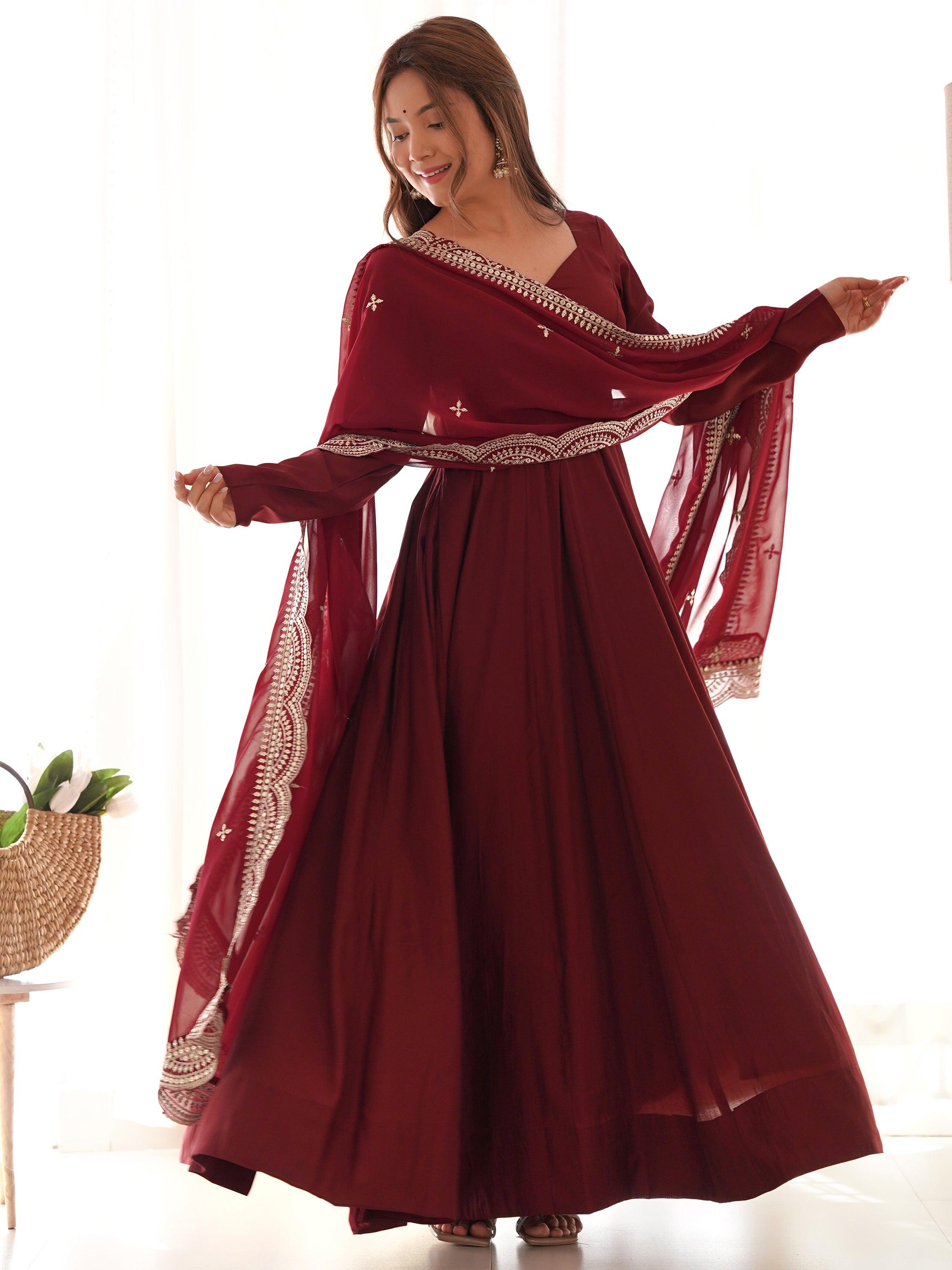 Maroon silk Anarkali suit with slight color variation disclaimer