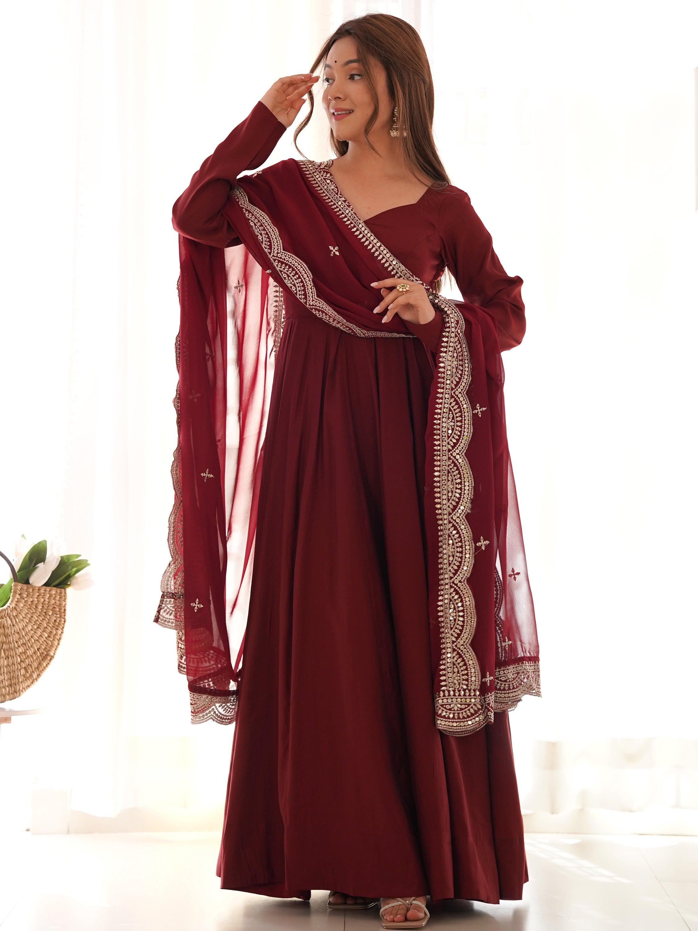 Maroon silk Anarkali suit with intricate embroidered dupatta