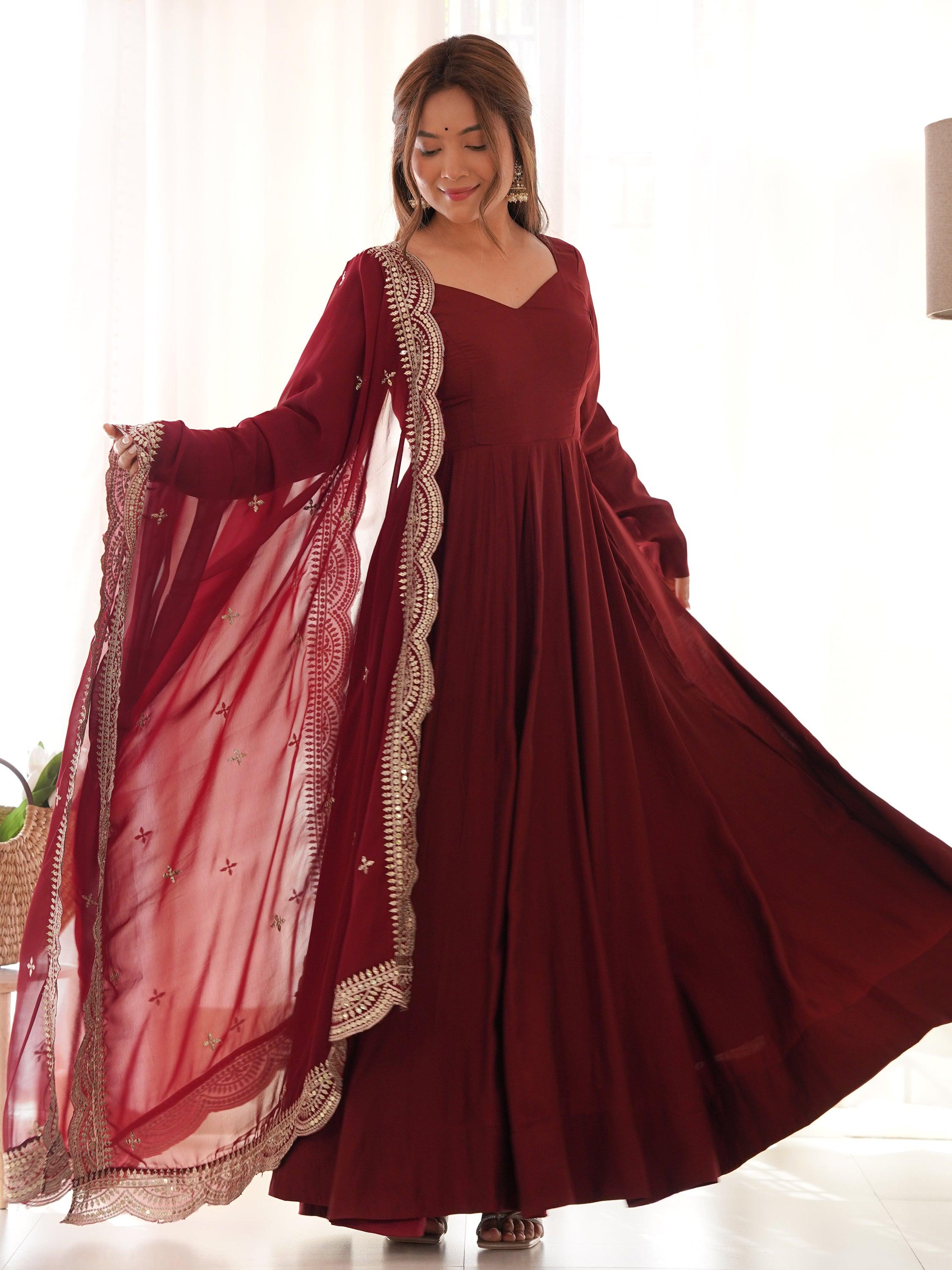 Maroon silk traditional Anarkali suit with sequin embellishments