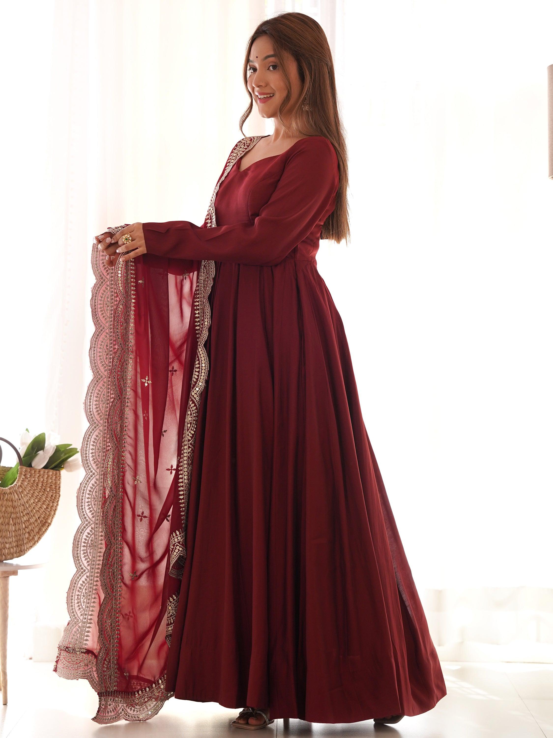 Maroon silk Anarkali suit with detailed cutwork border dupatta