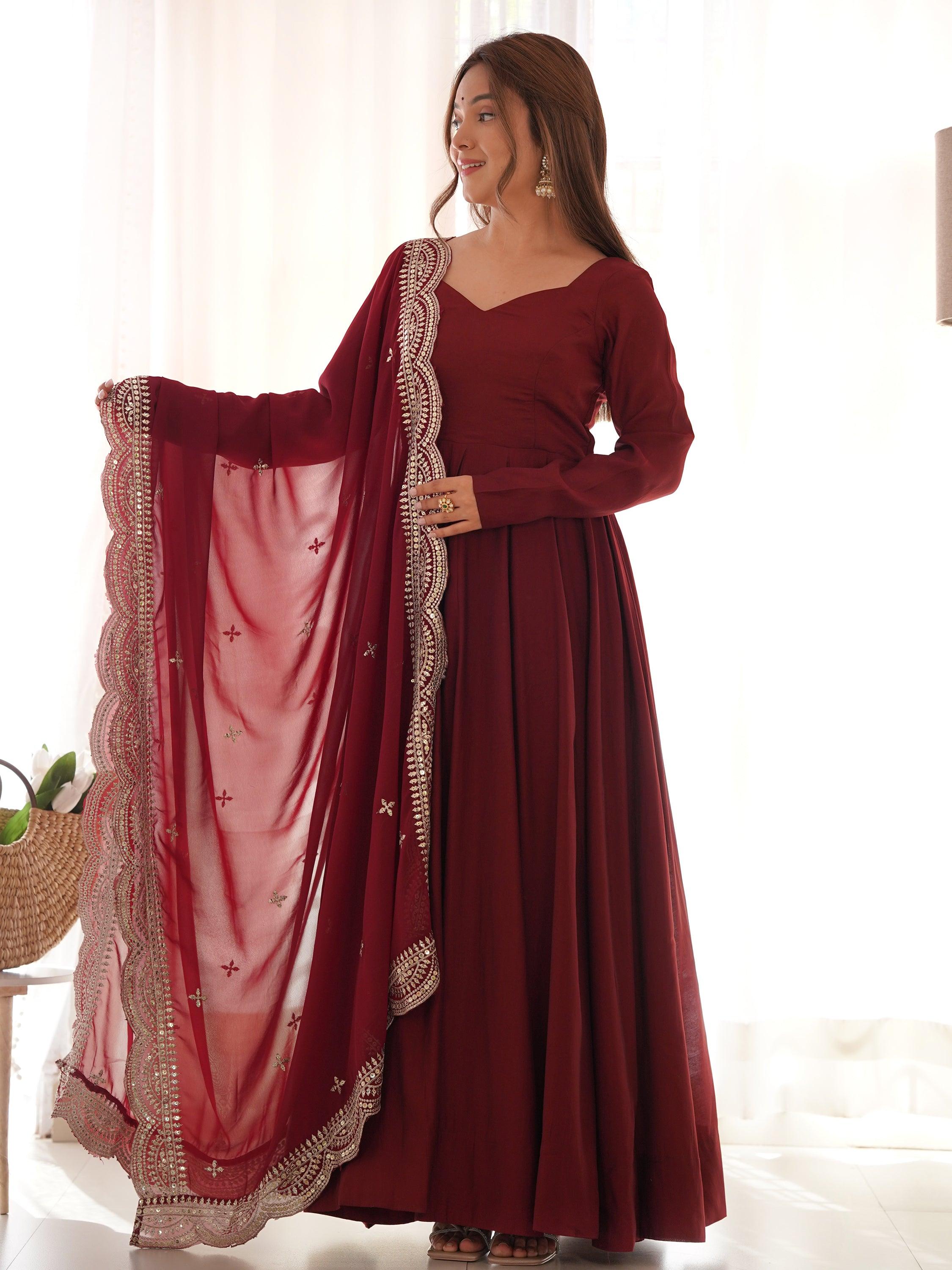 Maroon silk Anarkali suit with flared pants and dupatta