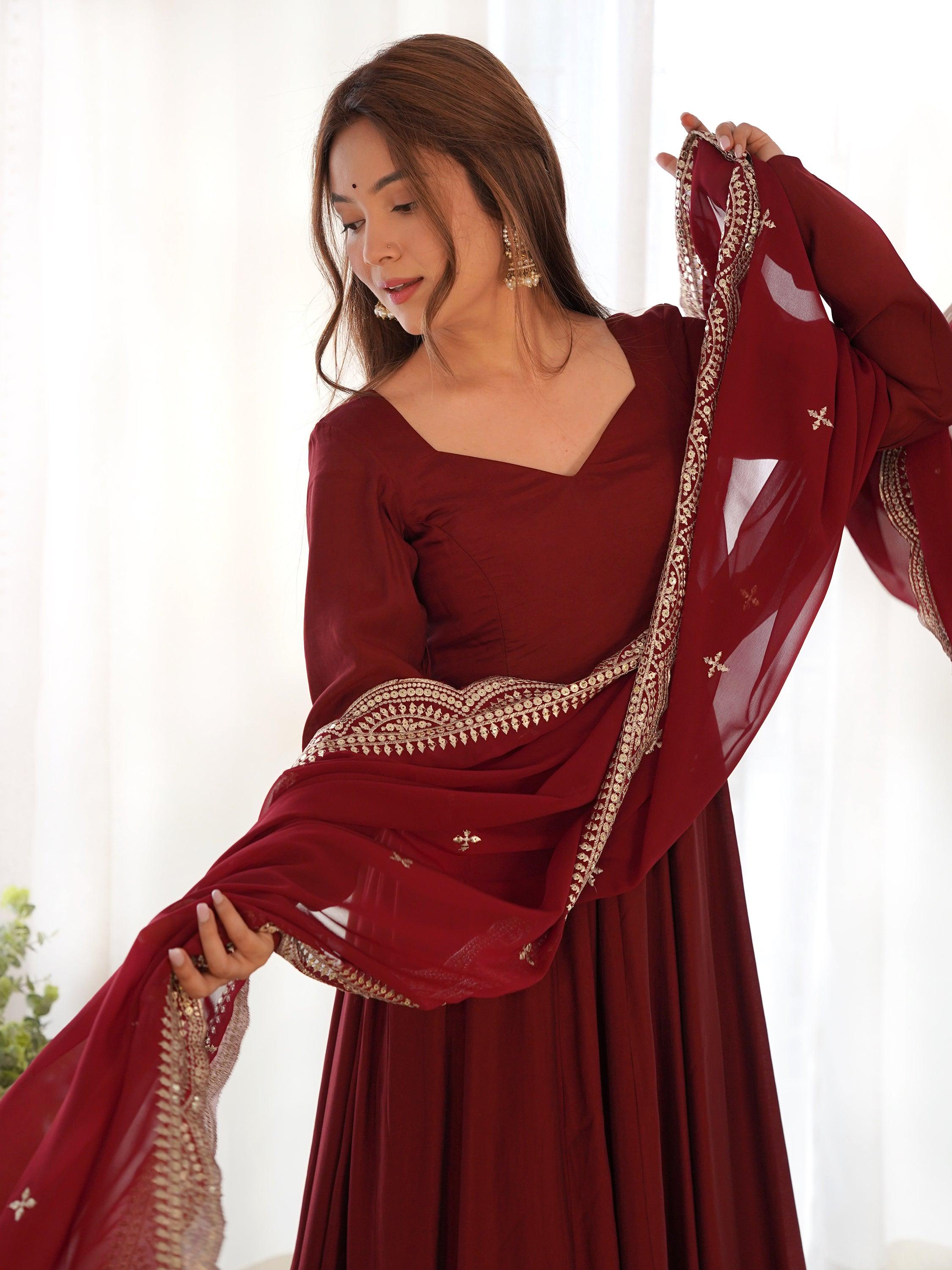 Maroon silk traditional Anarkali suit for festivals and events