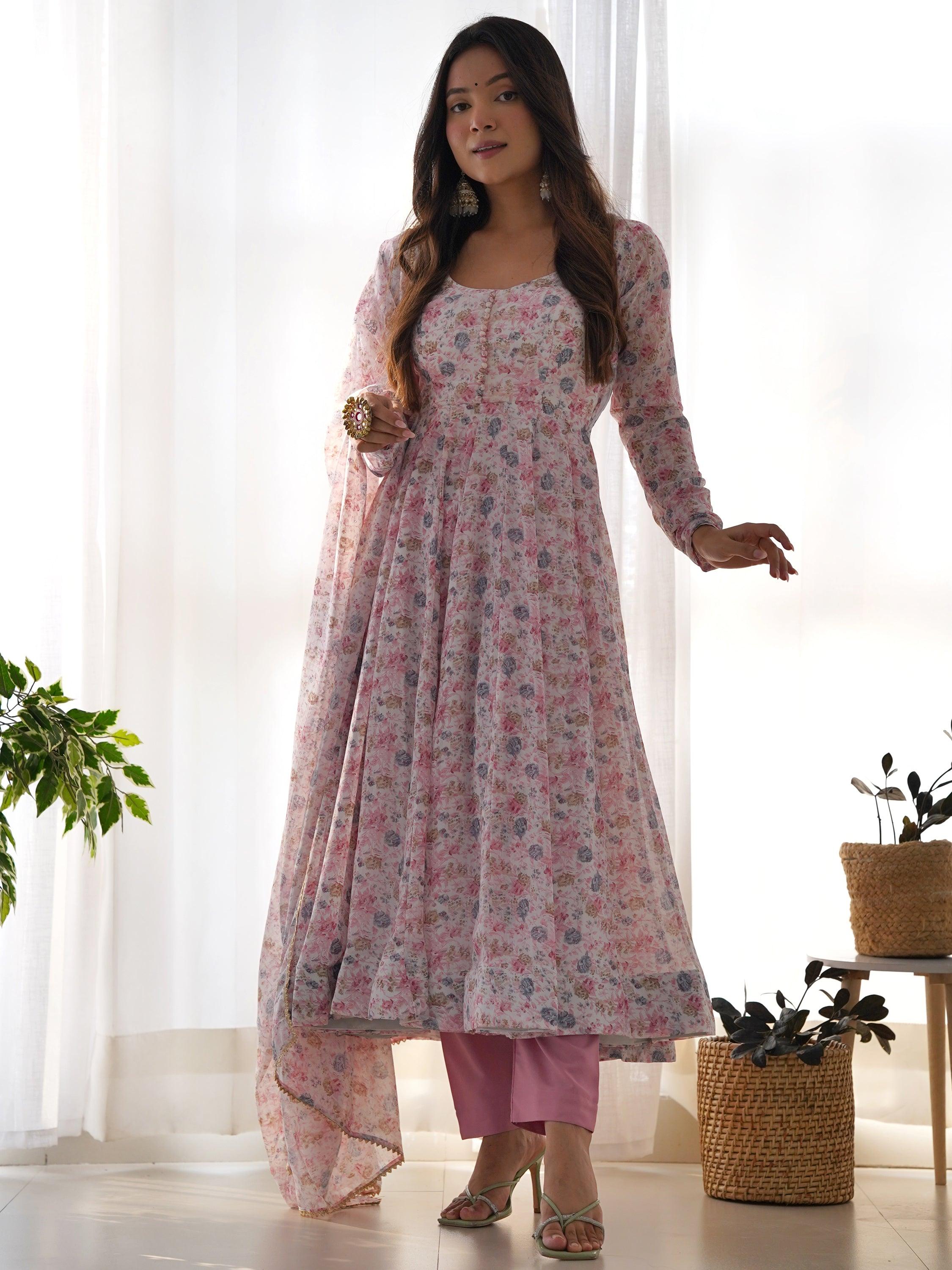 Precious Pink Digital Printed Chiffon Anarkali Suit With Dupatta