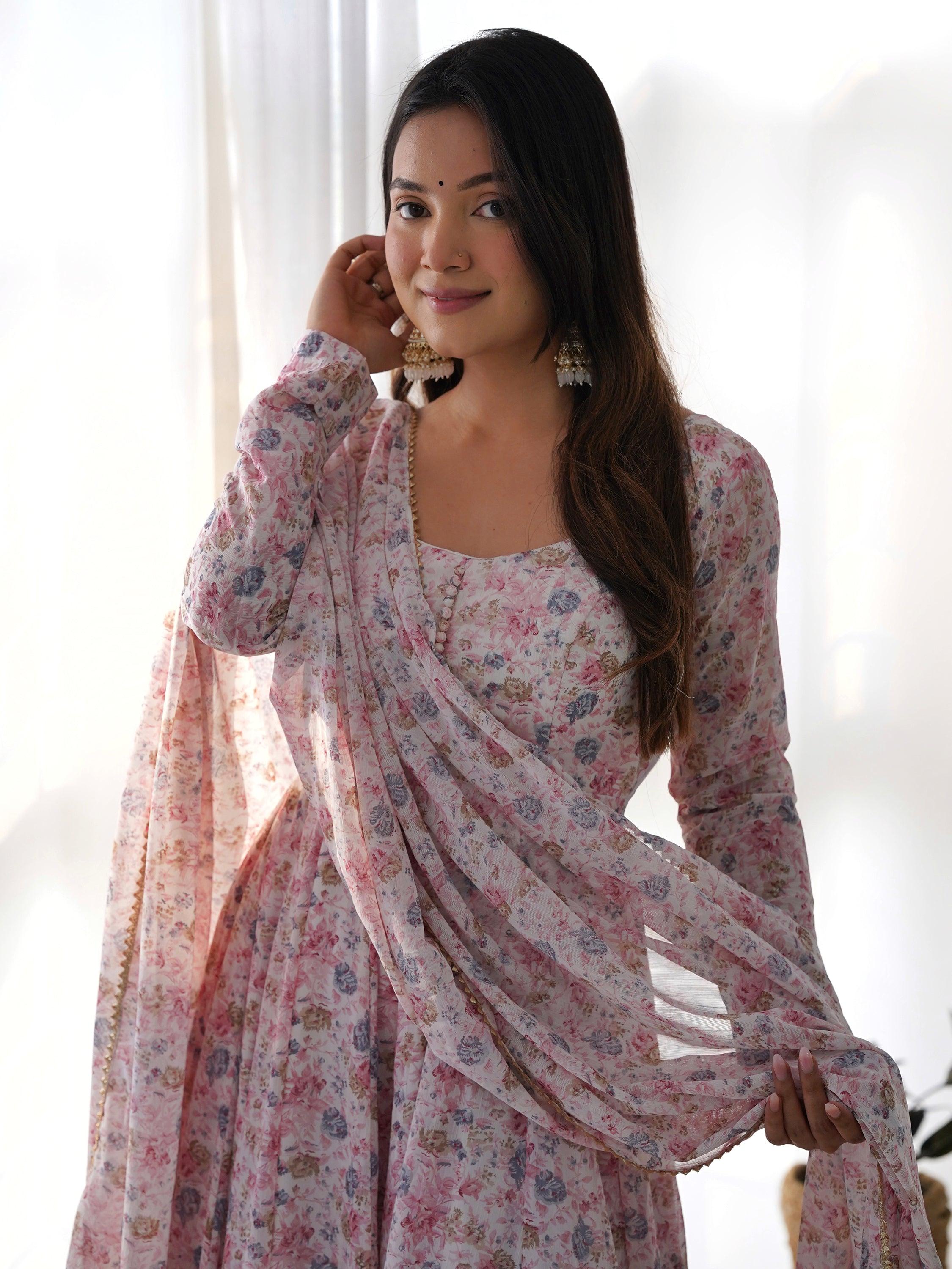 Pink chiffon anarkali suit with intricate digital print work