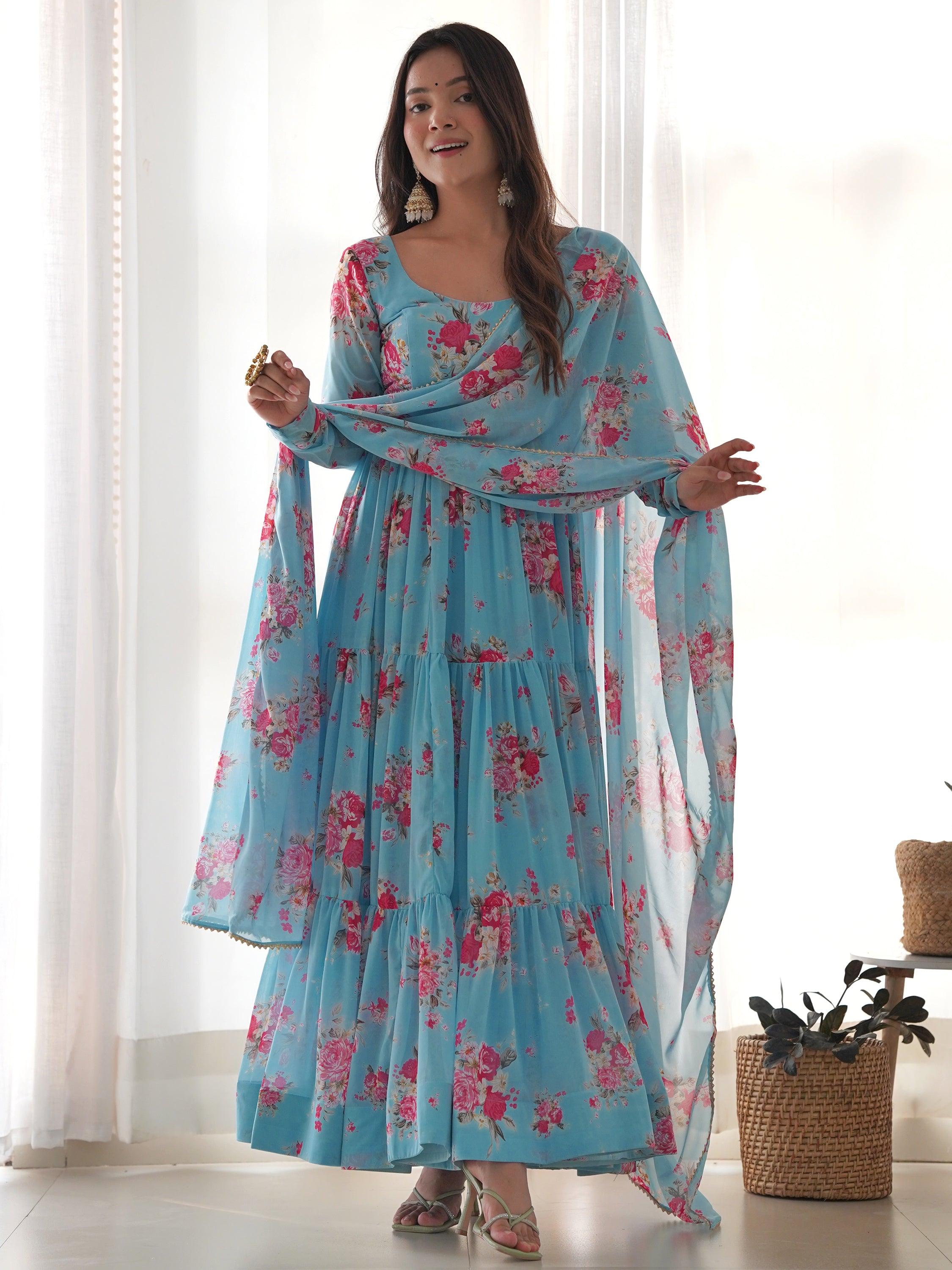 Sky-blue silk pants to complement the anarkali suit