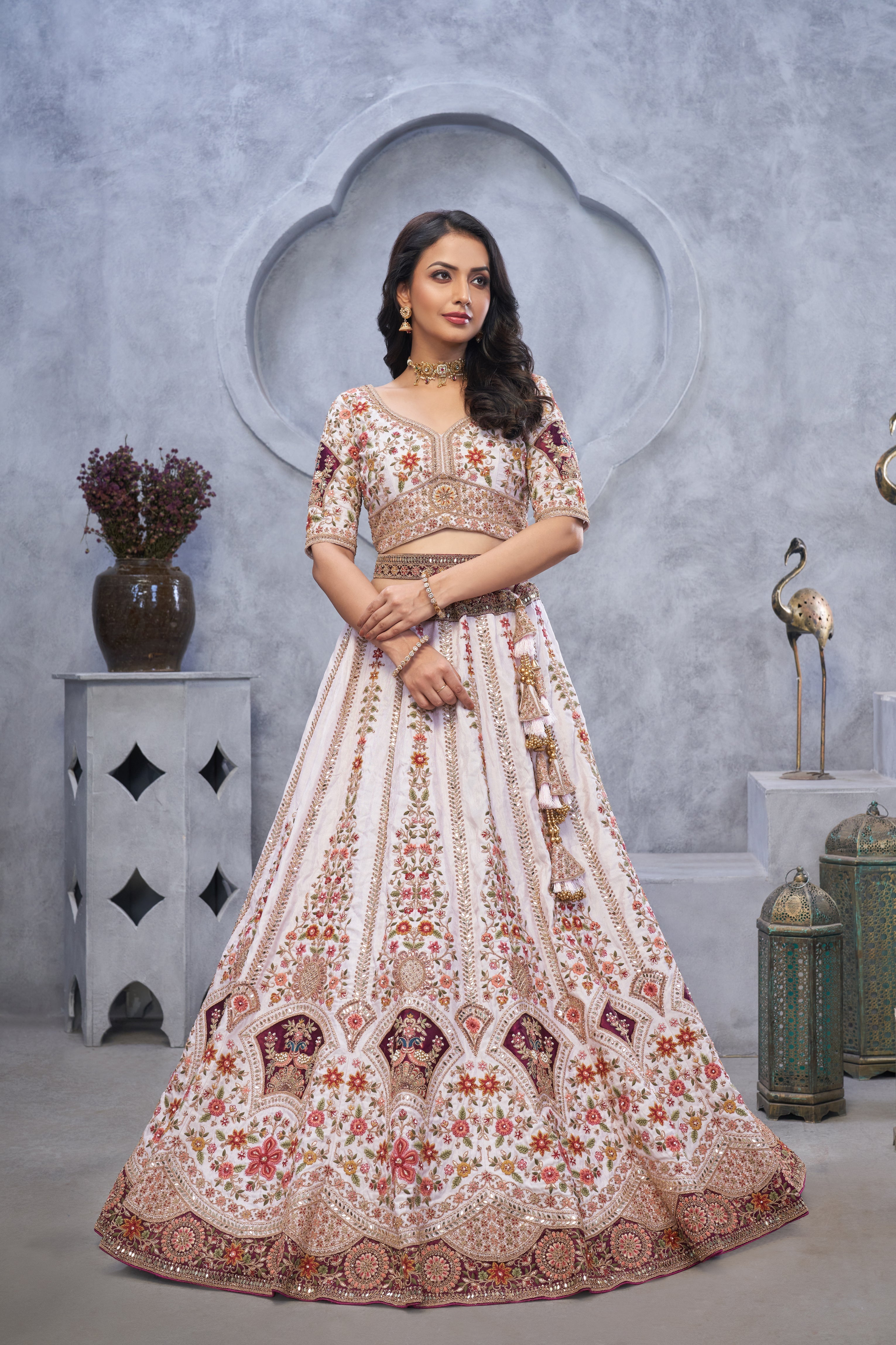 Light Purple Bridal Lehenga Zari Embroidery and Peacock Motifs - qivii