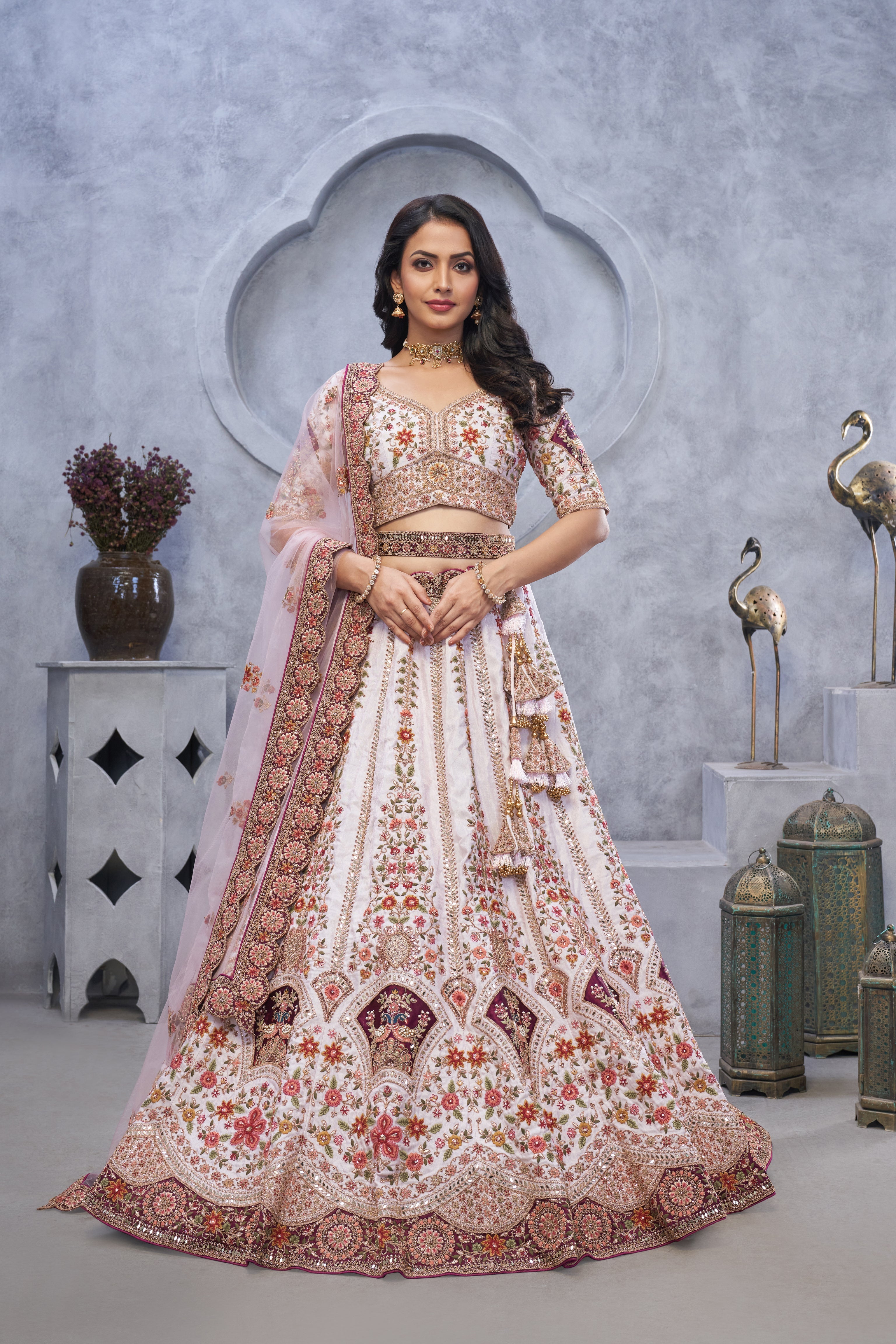 Light Purple Bridal Lehenga Zari Embroidery and Peacock Motifs - qivii