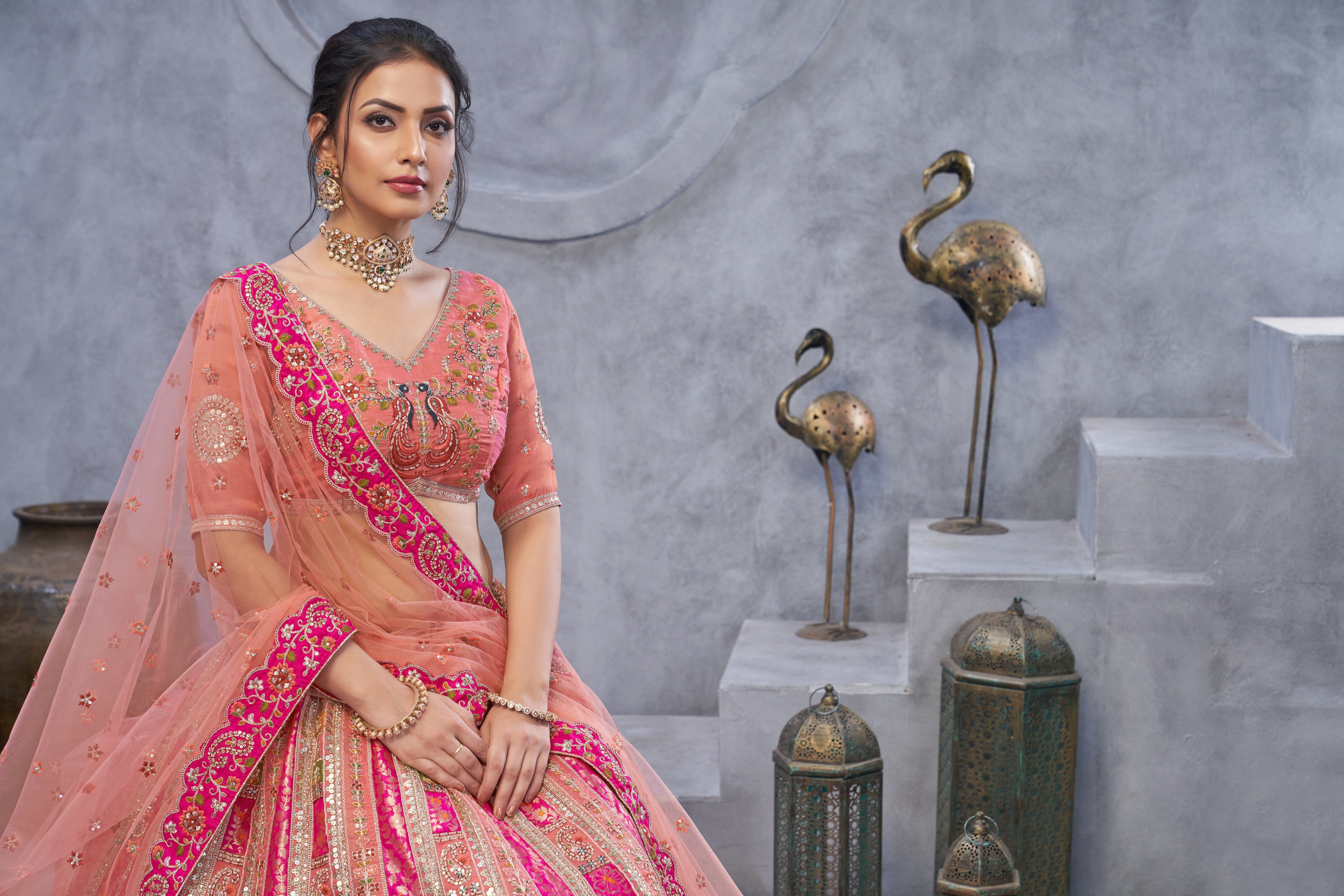 The Bagh Collection: Plush Pink Lehenga with Thread and Sequin Embellishments - qivii