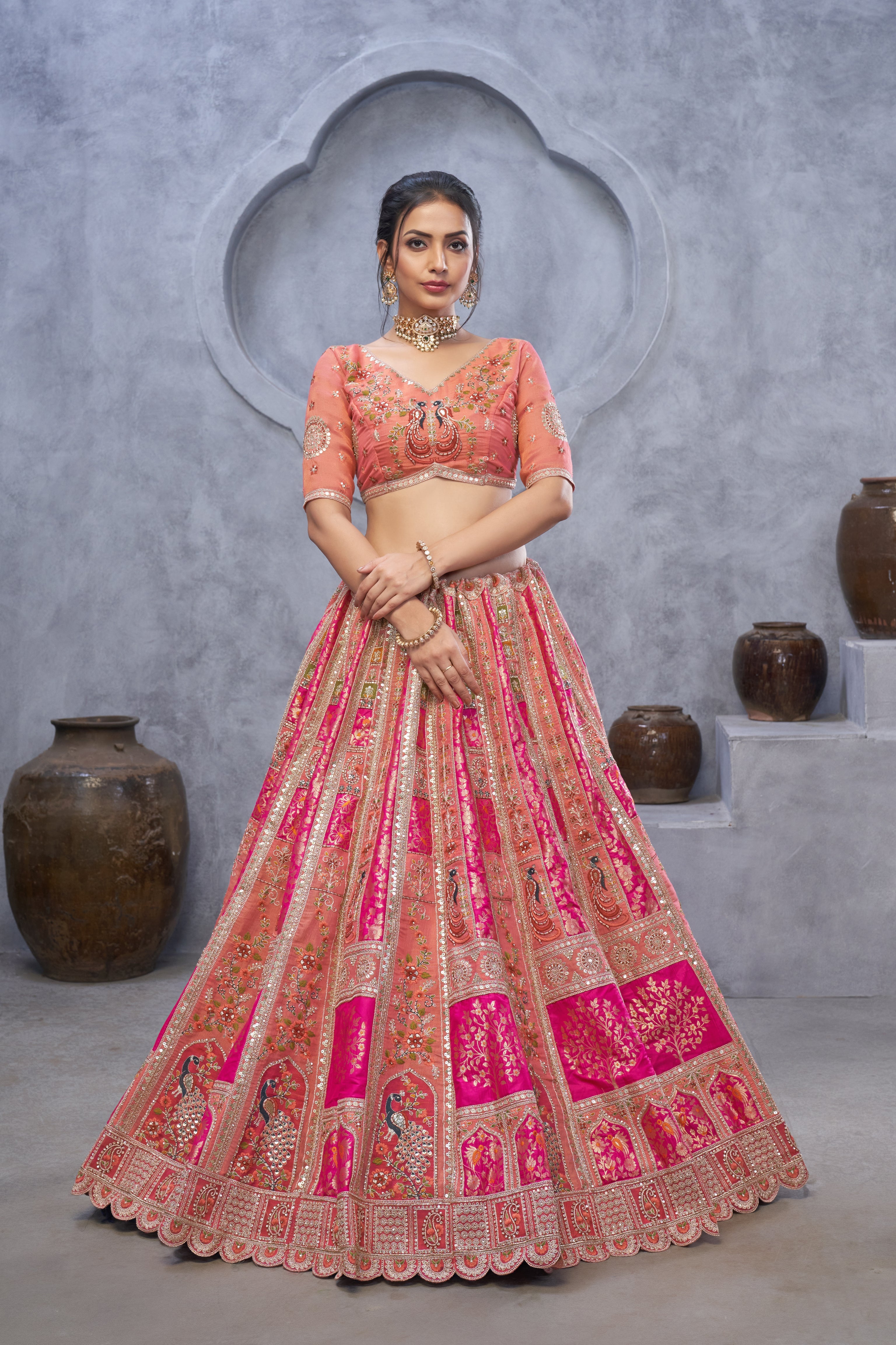The Bagh Collection: Plush Pink Lehenga with Thread and Sequin Embellishments - qivii