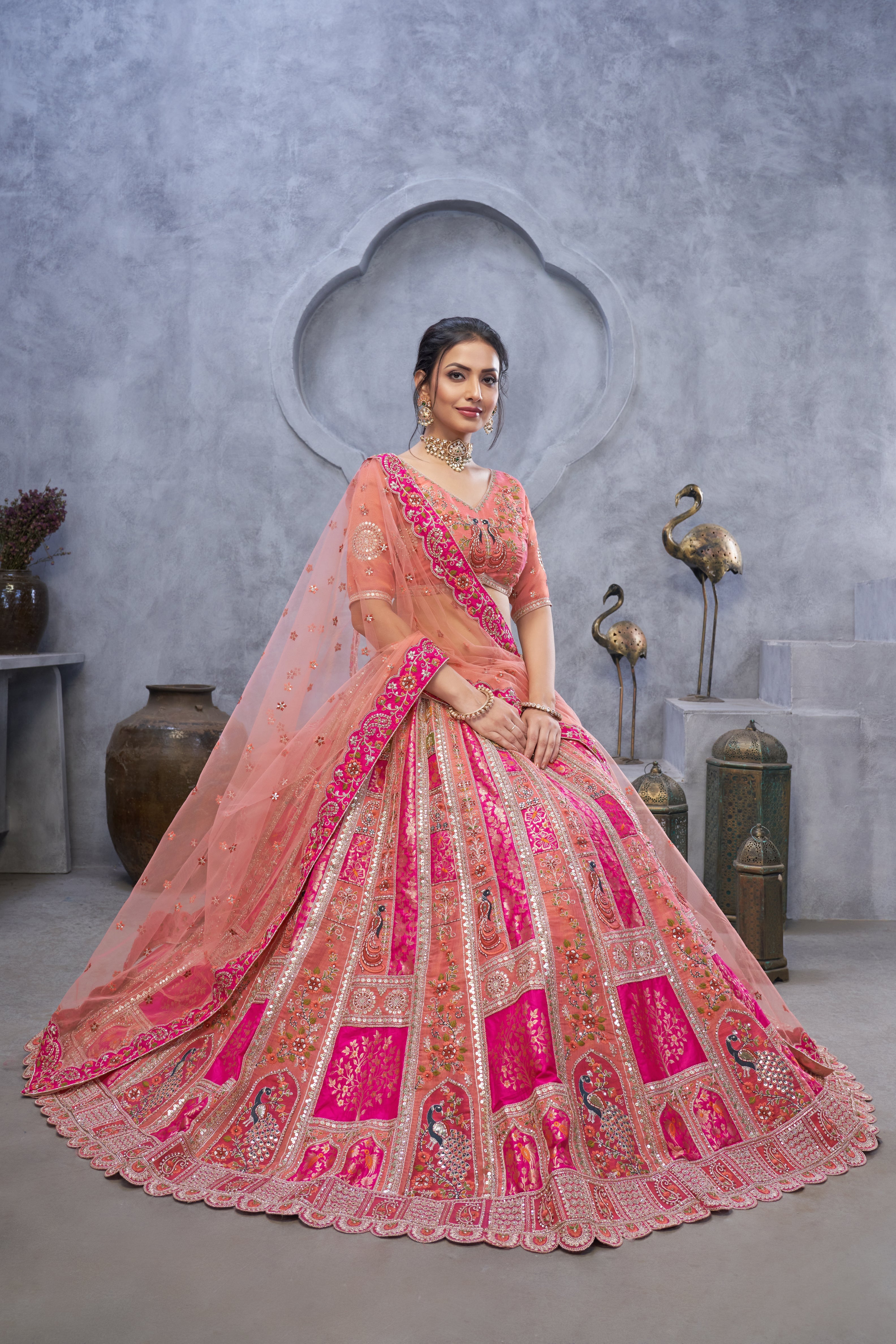 The Bagh Collection: Plush Pink Lehenga with Thread and Sequin Embellishments - qivii