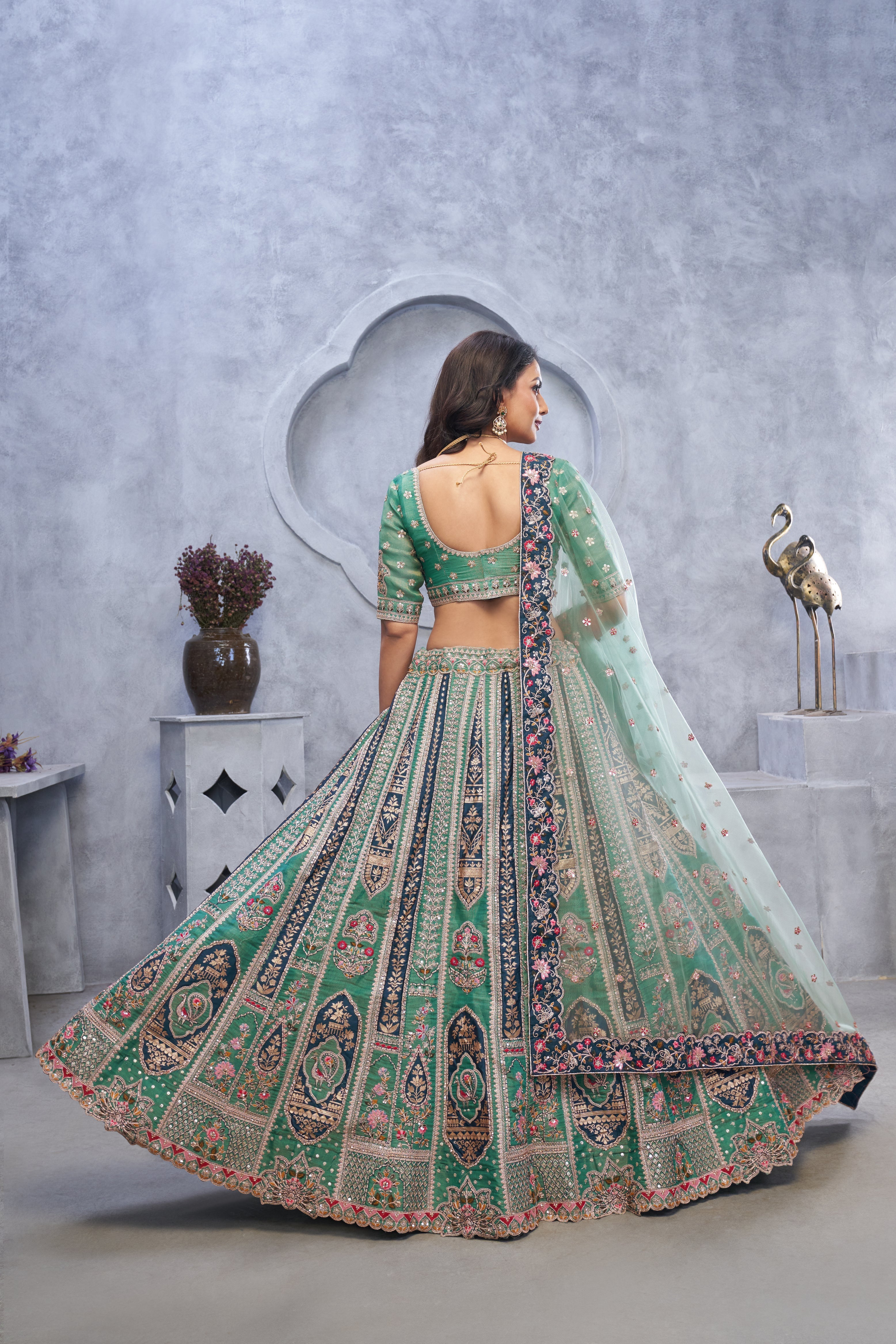 Green Organza Silk Paisley Embroidered Bridal Lehenga Choli with Soft Net Dupatta - qivii