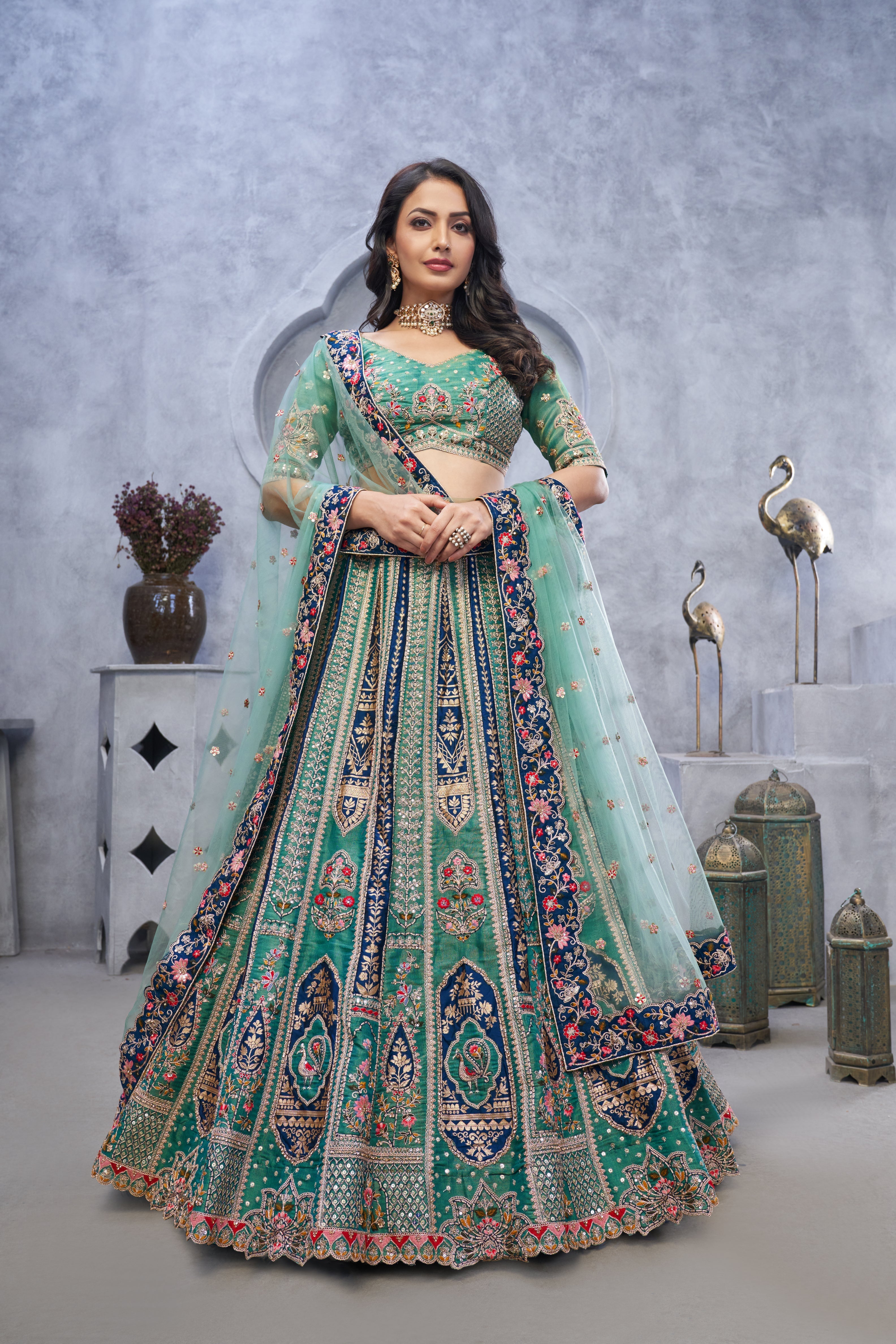 Green Organza Silk Paisley Embroidered Bridal Lehenga Choli with Soft Net Dupatta - qivii