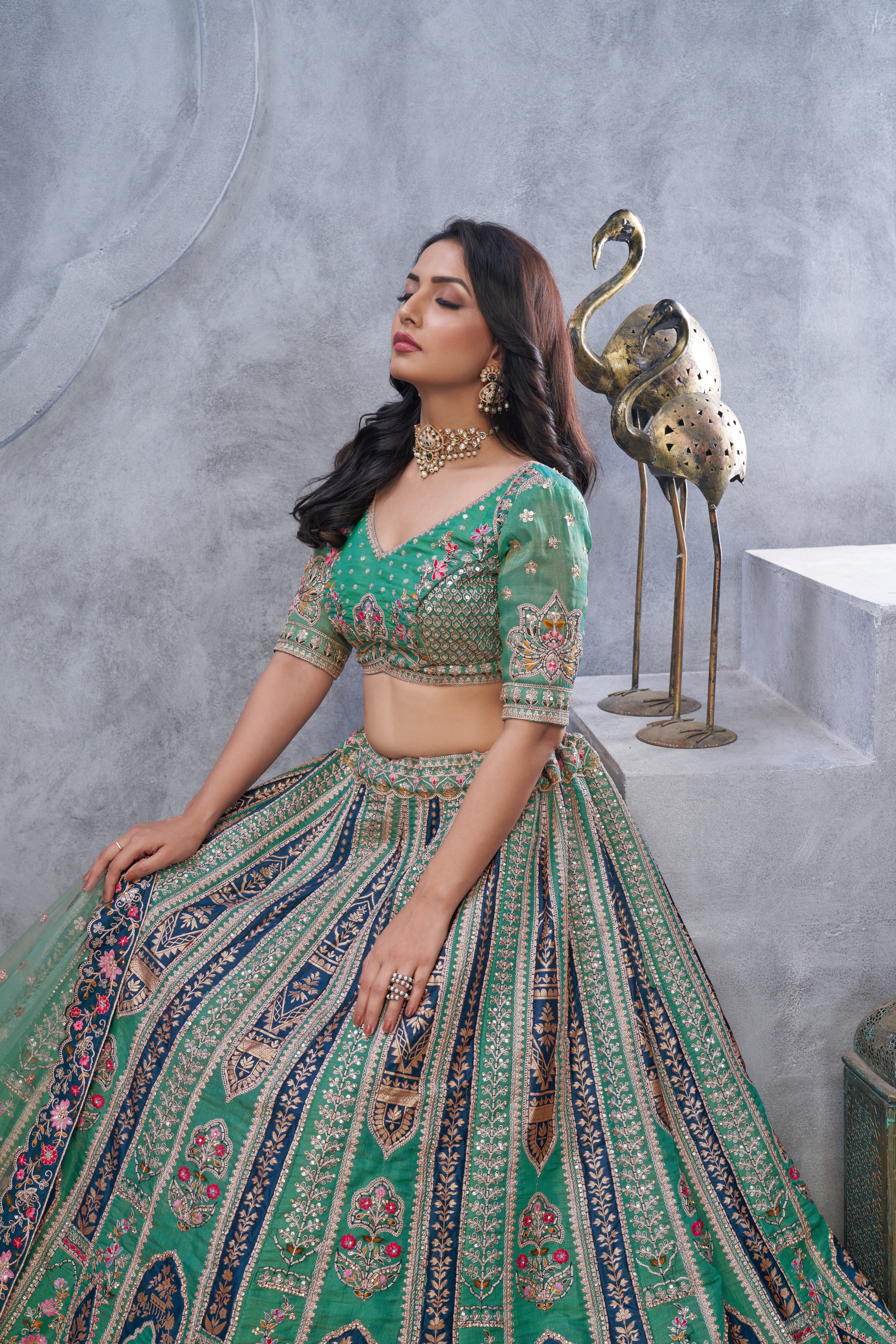 Green Organza Silk Paisley Embroidered Bridal Lehenga Choli with Soft Net Dupatta - qivii