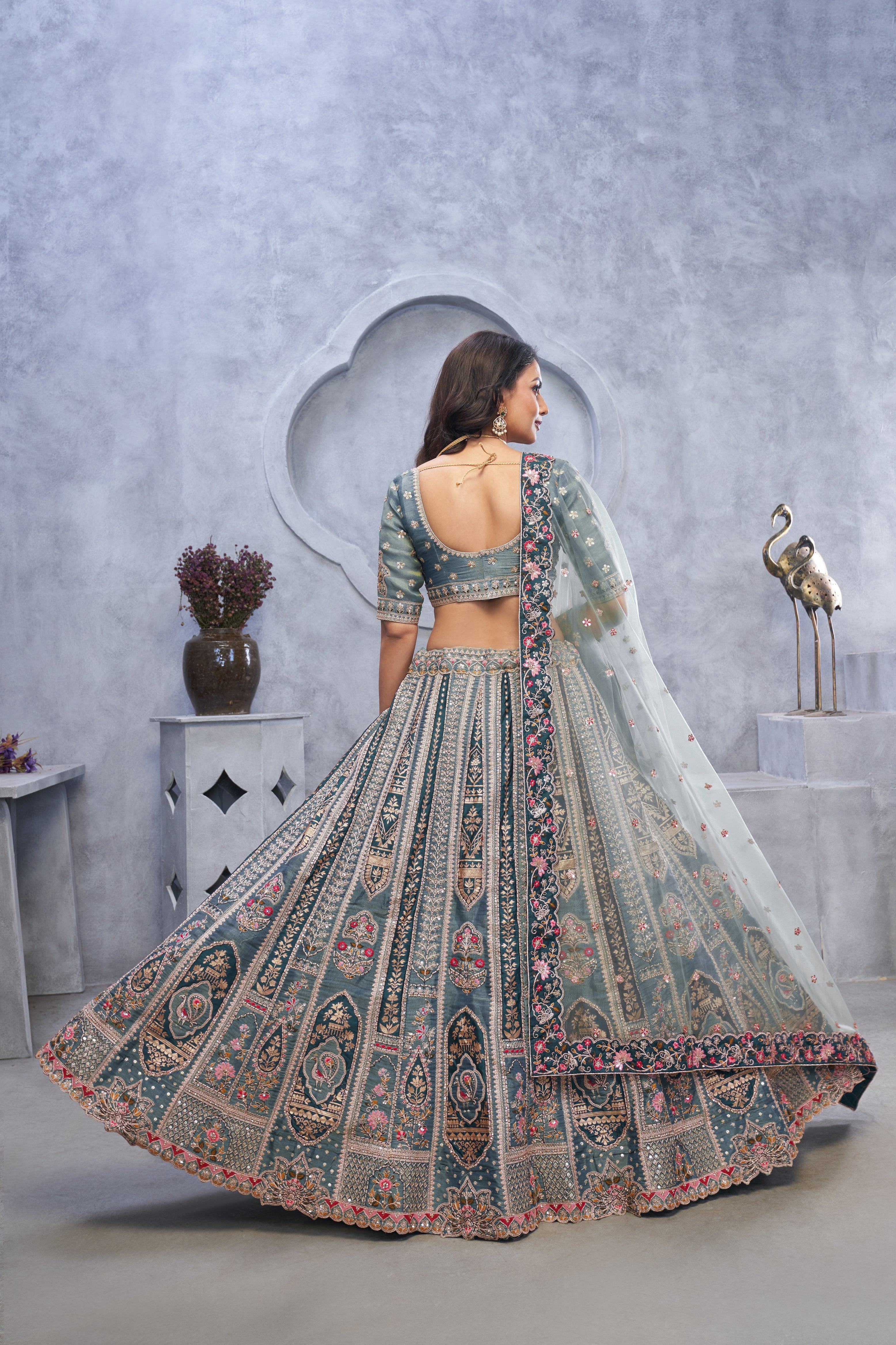 Grey Organza Silk Traditional Bridal Lehenga Choli with Paisley Embroidery & Soft Net Dupatta - qivii
