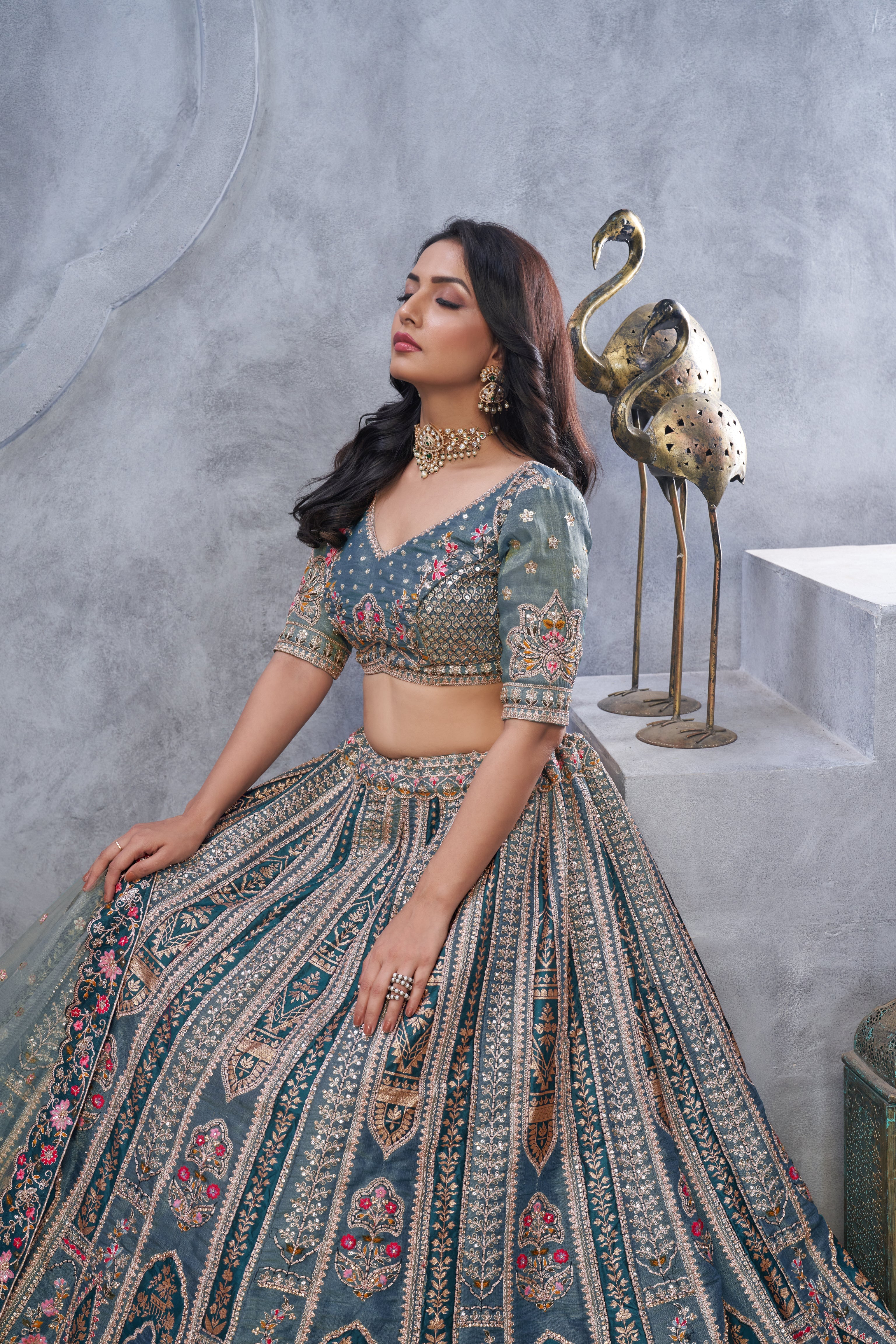 Grey Organza Silk Traditional Bridal Lehenga Choli with Paisley Embroidery & Soft Net Dupatta - qivii