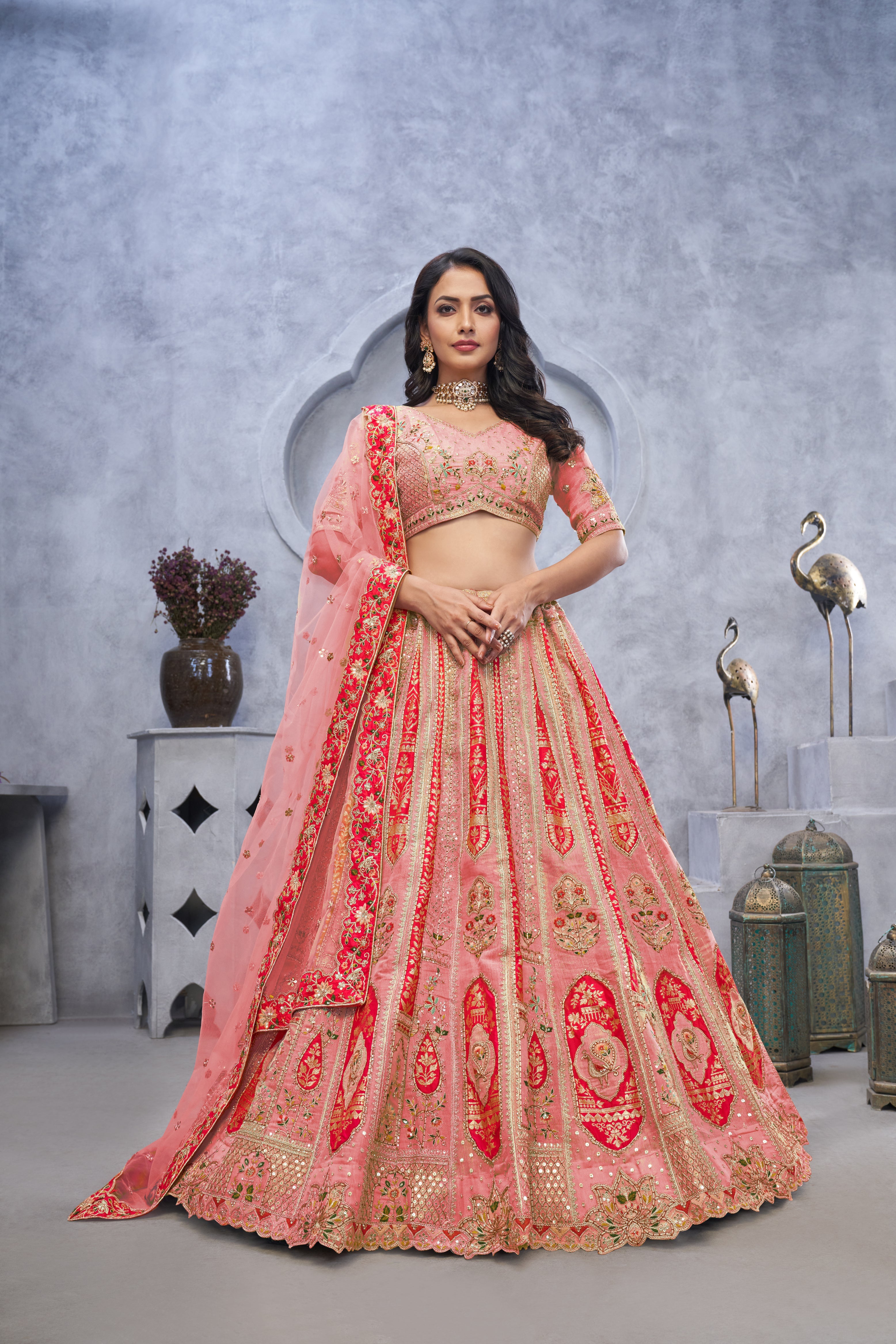 Pink Organza Silk Wedding Lehenga Choli with Paisley Motifs & Soft Net Dupatta - qivii