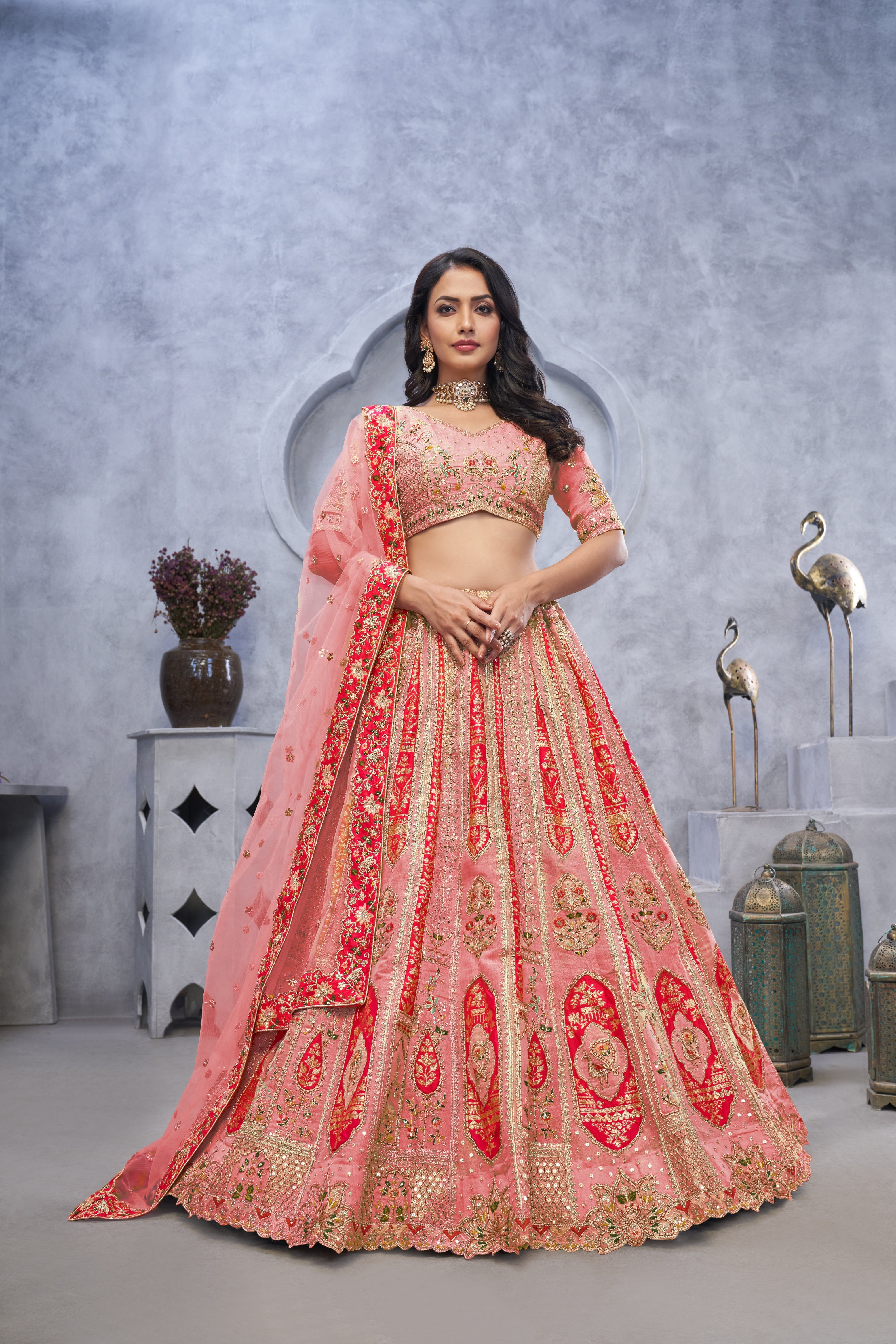Pink Organza Silk Wedding Lehenga Choli with Paisley Motifs & Soft Net Dupatta - qivii