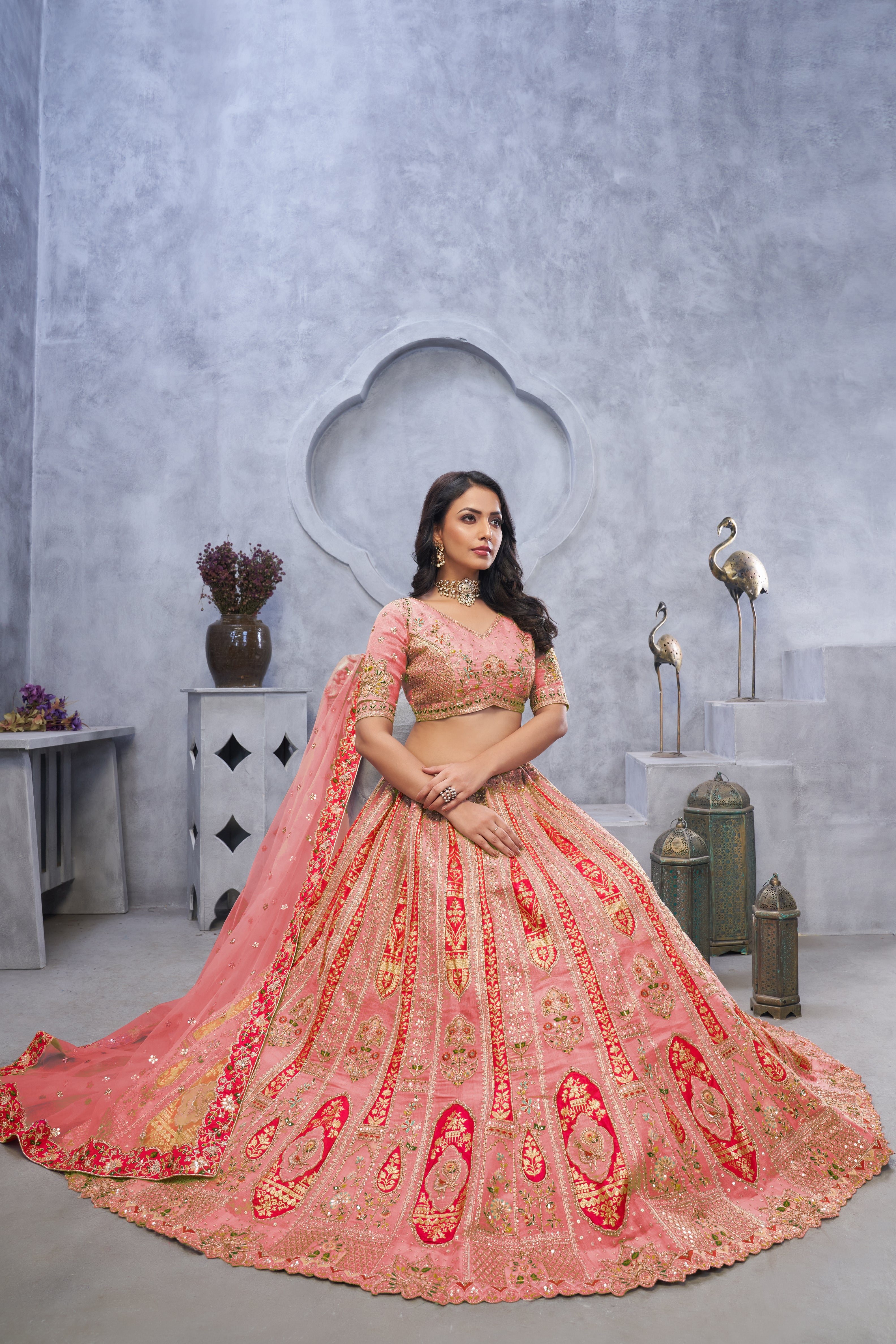 Pink Organza Silk Wedding Lehenga Choli with Paisley Motifs & Soft Net Dupatta - qivii