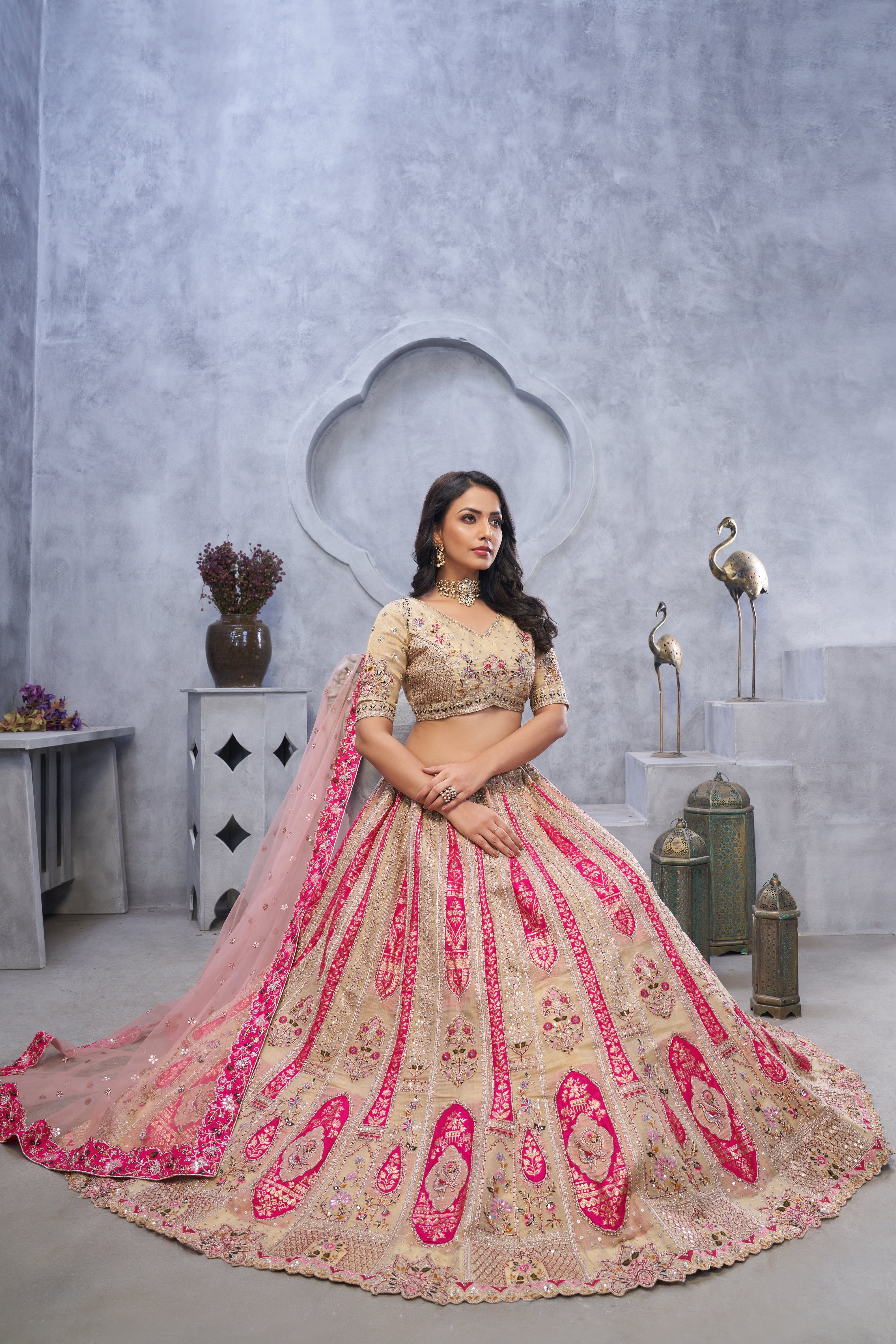 Organza Silk Bridal Lehenga Choli with Intricate Paisley Motifs & Soft Net Dupatta - qivii