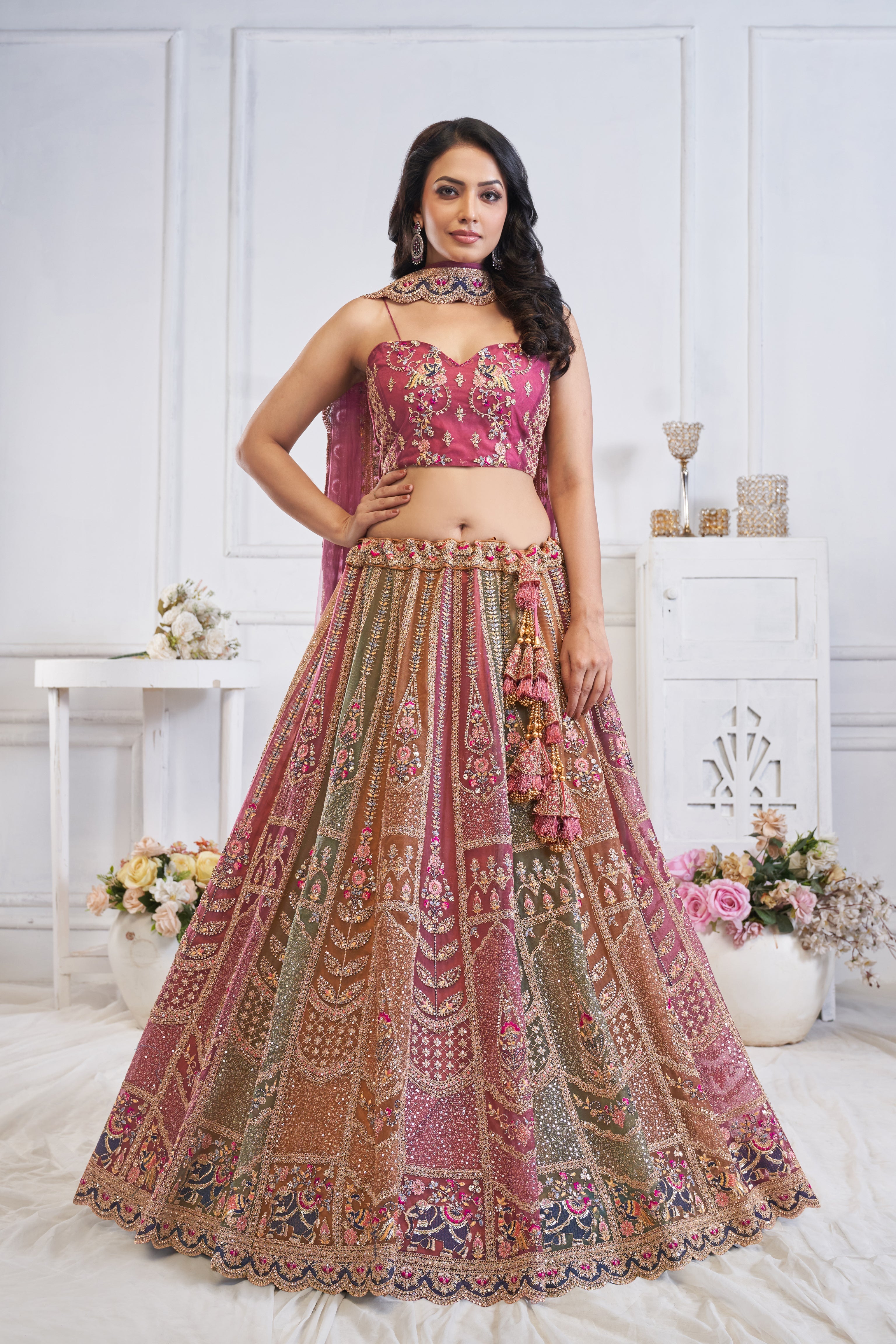 Majestic Multi-Color Zari Weaving Net Lehenga Choli With Dupatta - qivii