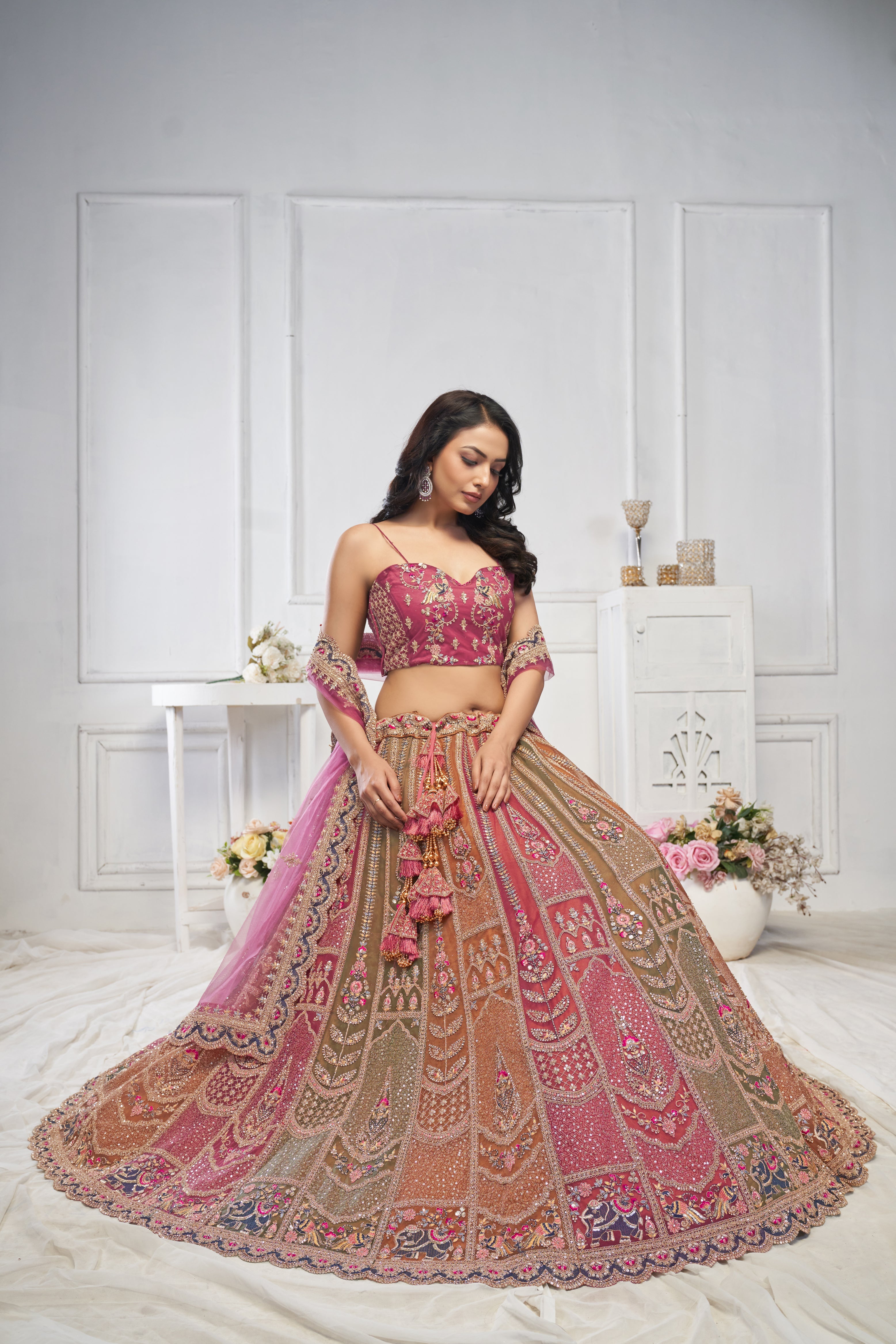Majestic Multi-Color Zari Weaving Net Lehenga Choli With Dupatta - qivii