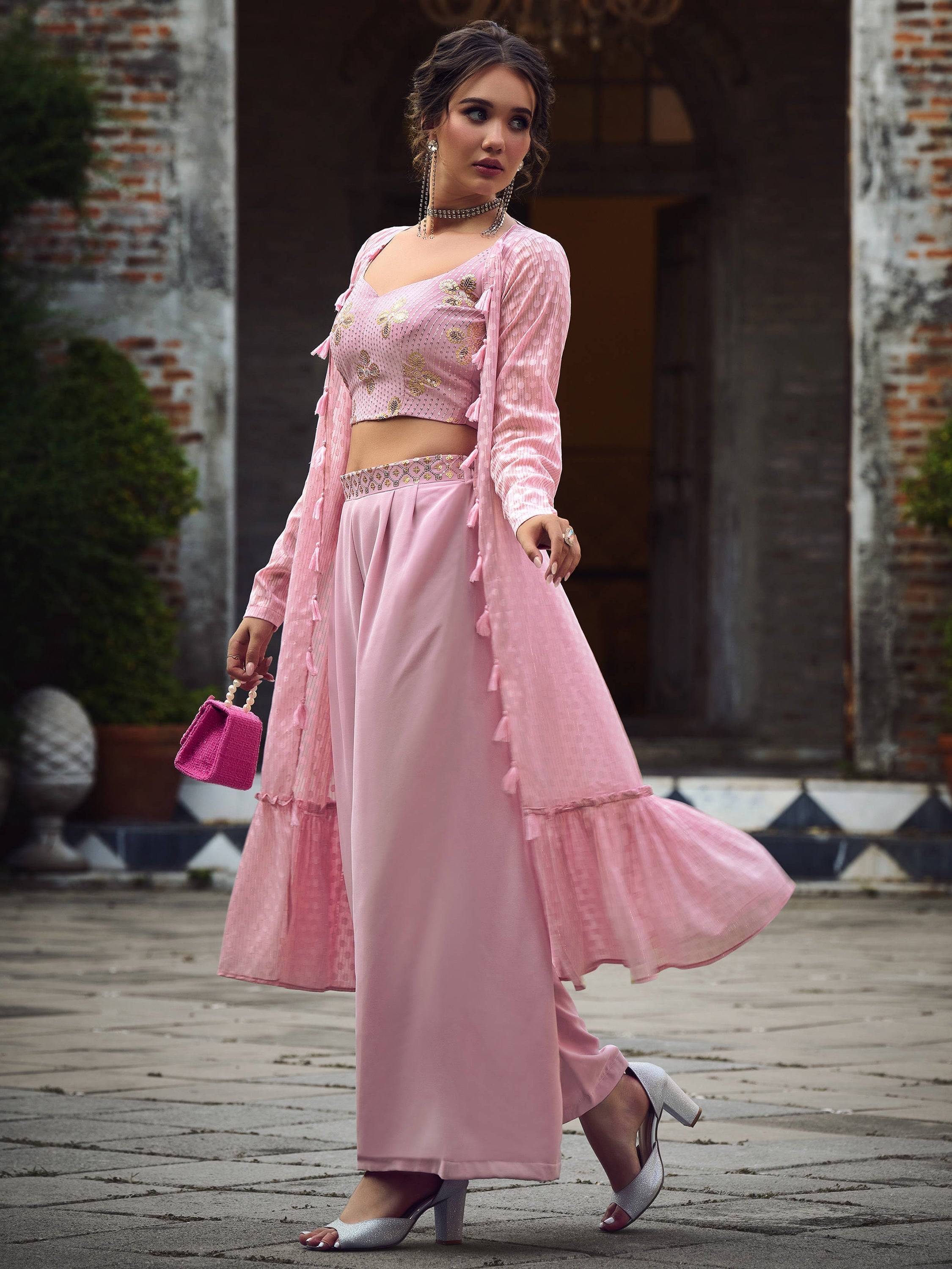 Beautiful dusty pink choli with self-weaving design georgette material
