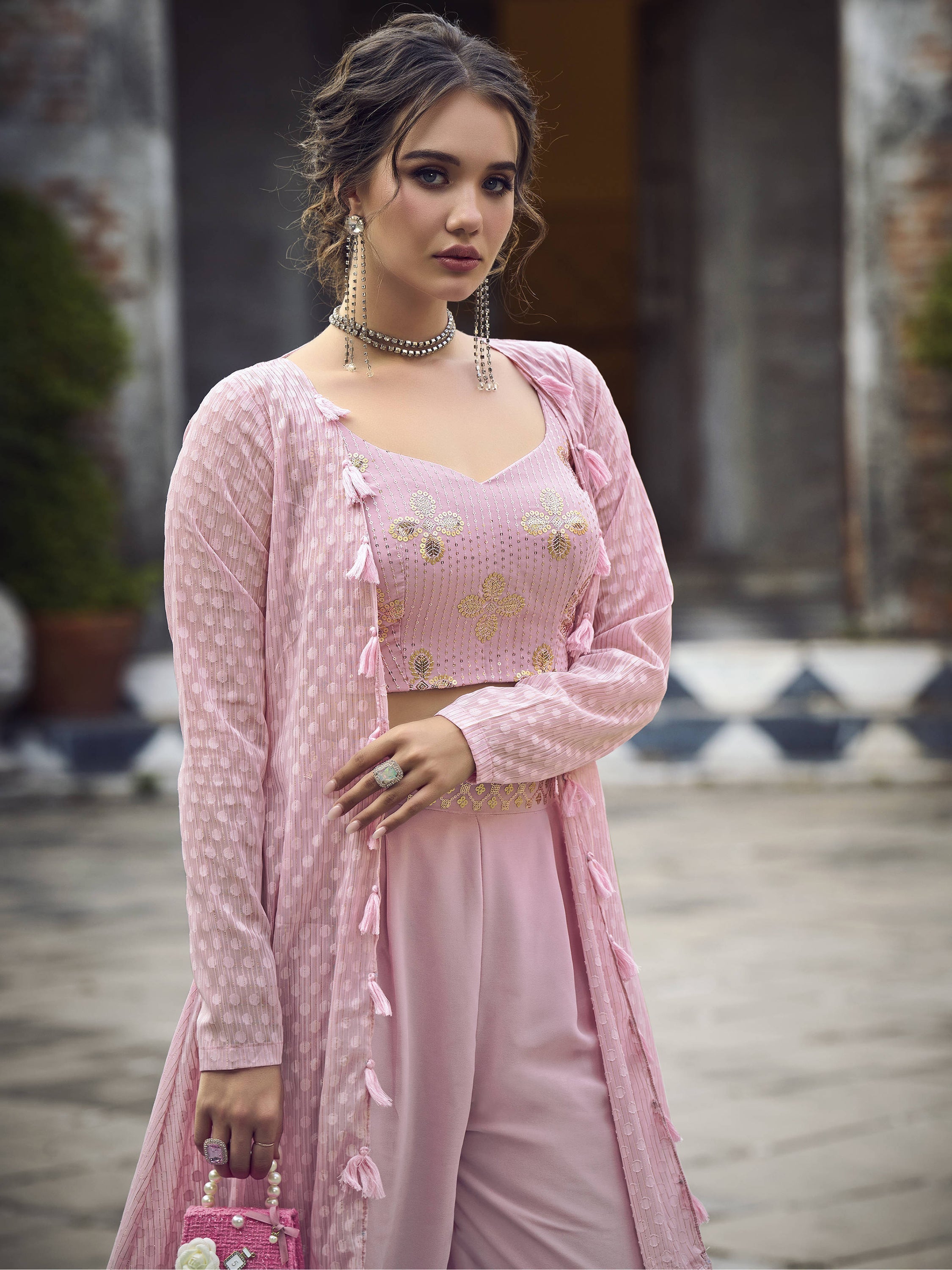 Dusty pink plain palazzo with embroidered belt in georgette material