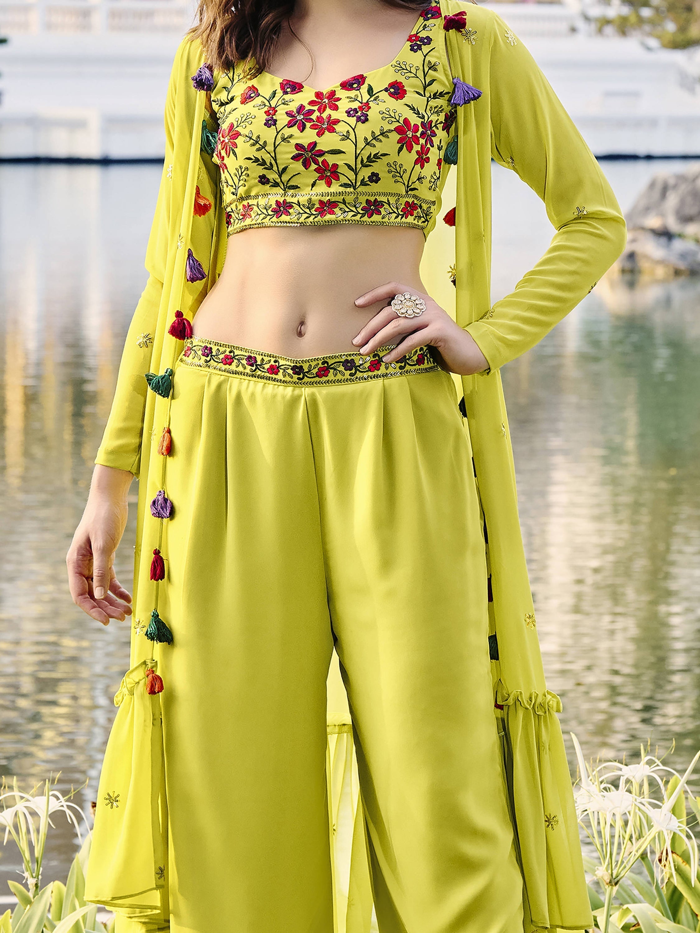Customized light green palazzo suit with jacket, up to 42 inches