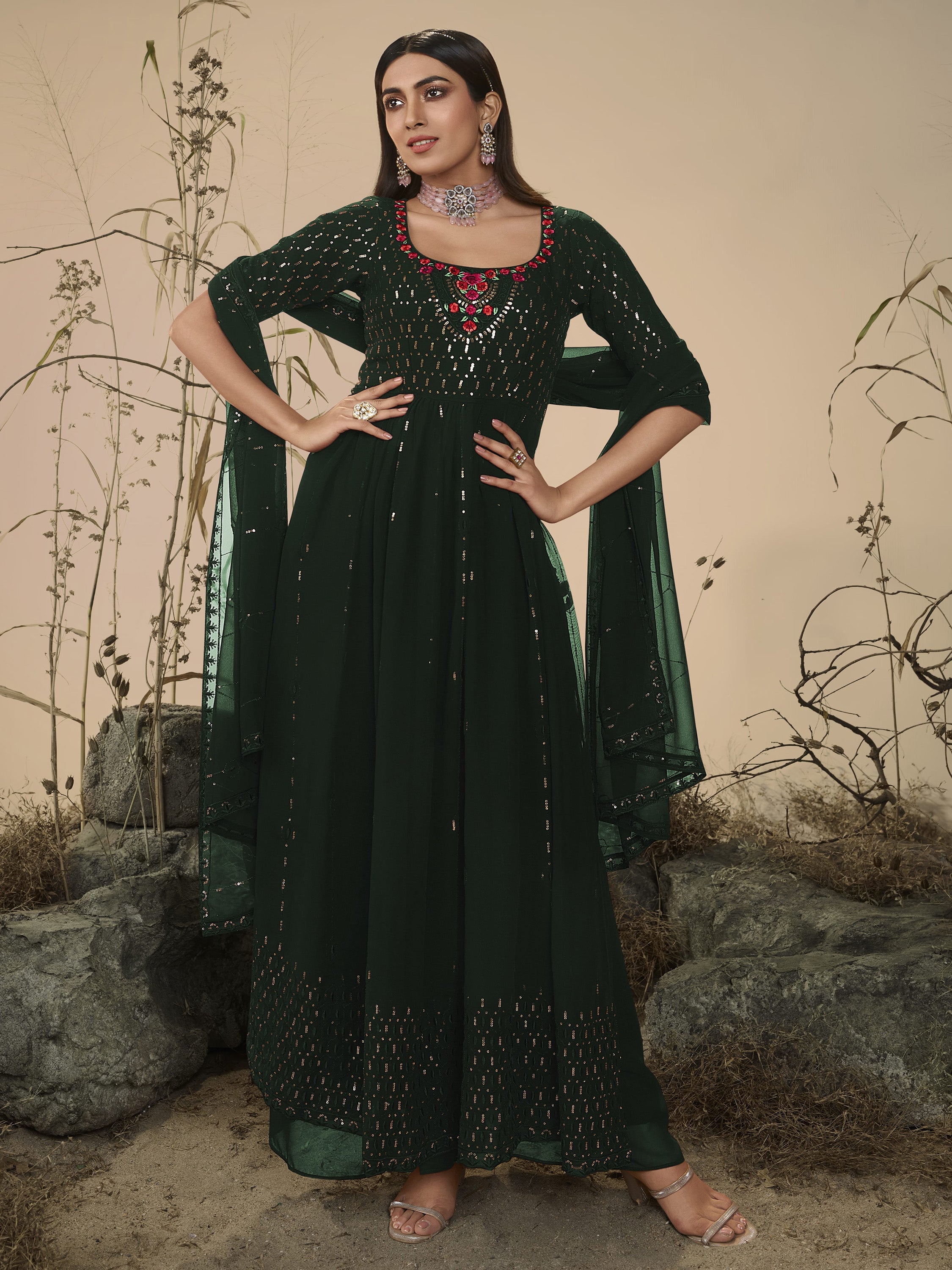 Beautiful Green Sequins Georgette Ready-Made Palazzo Suit with Purple Georgette Embroidered Top and Green Georgette Palazzo