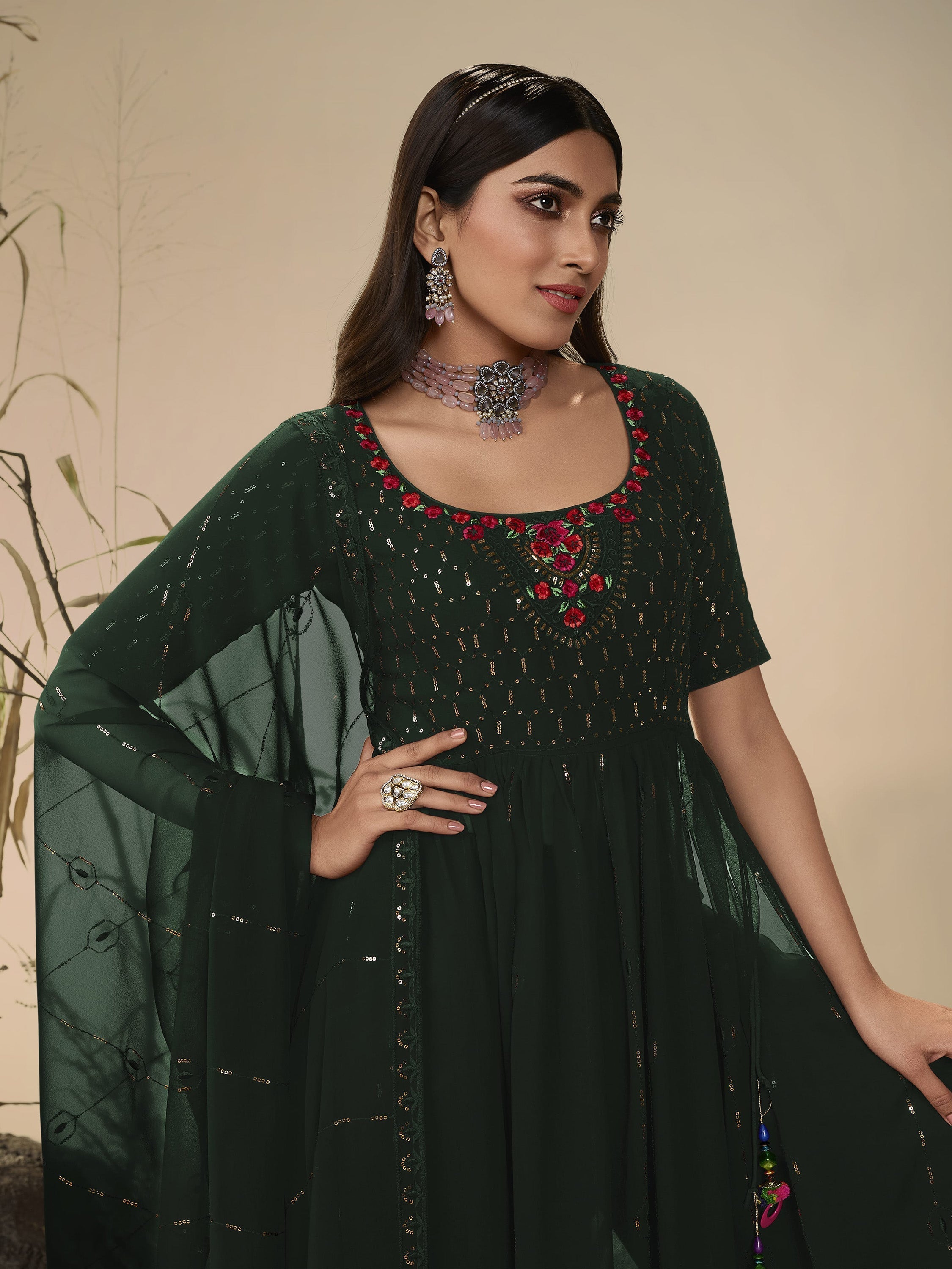 Georgette Purple Suit with Sequins and Thread Embroidery Work, Green Palazzo and Dupatta