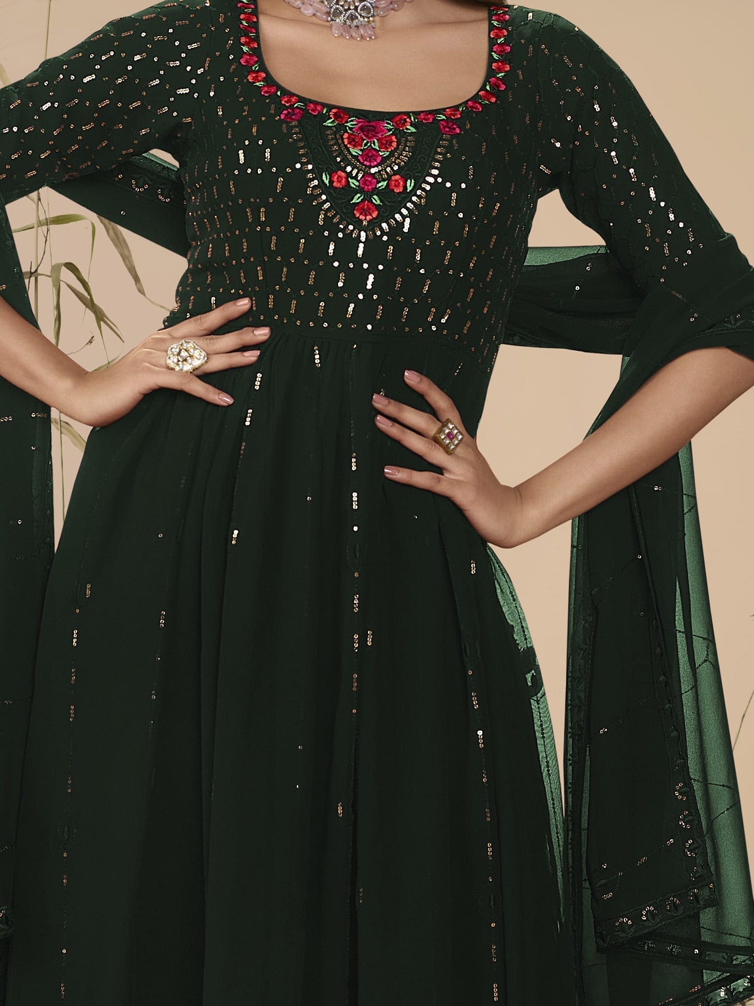 Fully Stitched Green Georgette Palazzo Suit with Sequin Work and 230-meter Dupatta