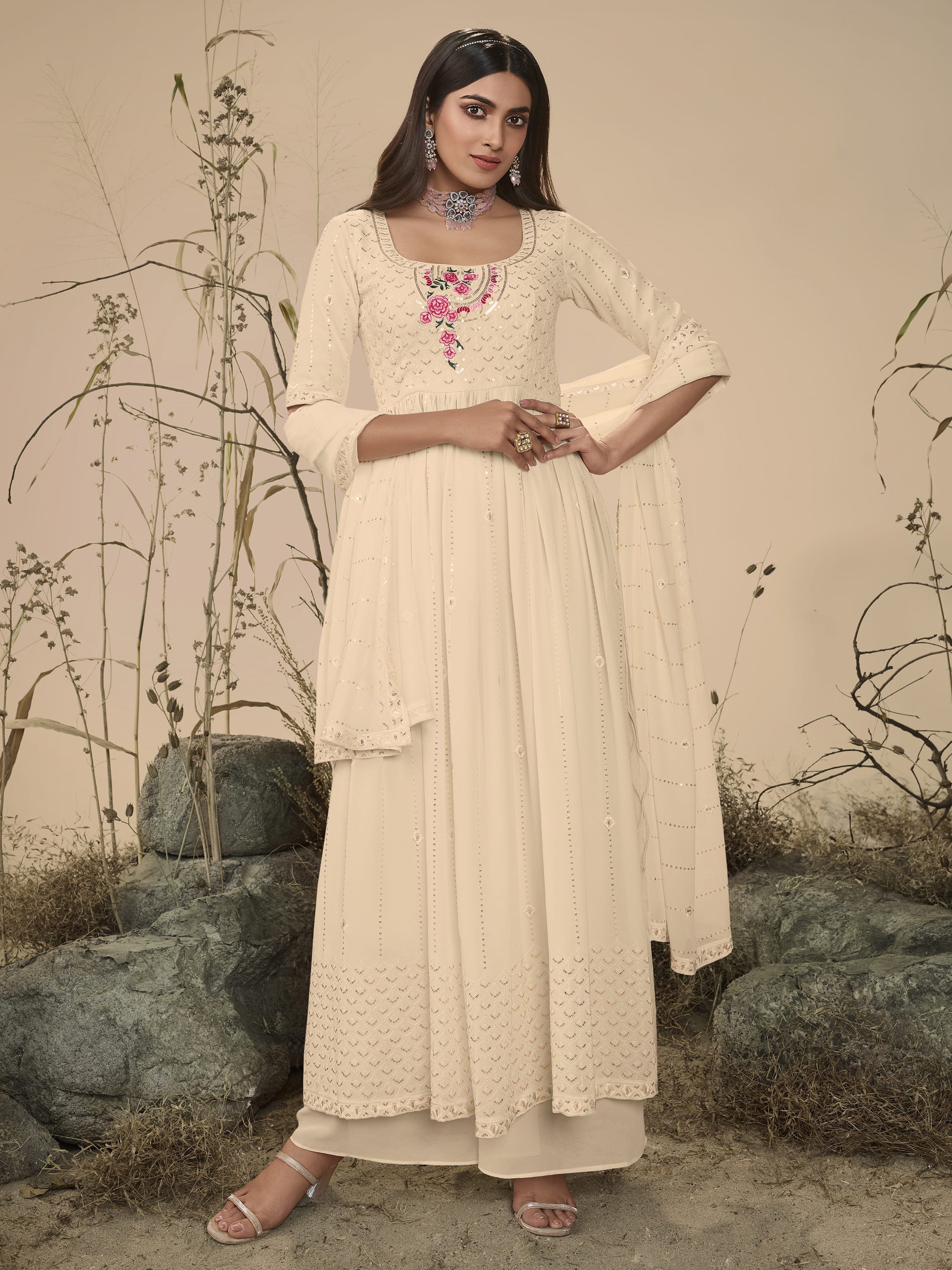 Attractive Off-White Georgette Palazzo Suit for Parties and Functions