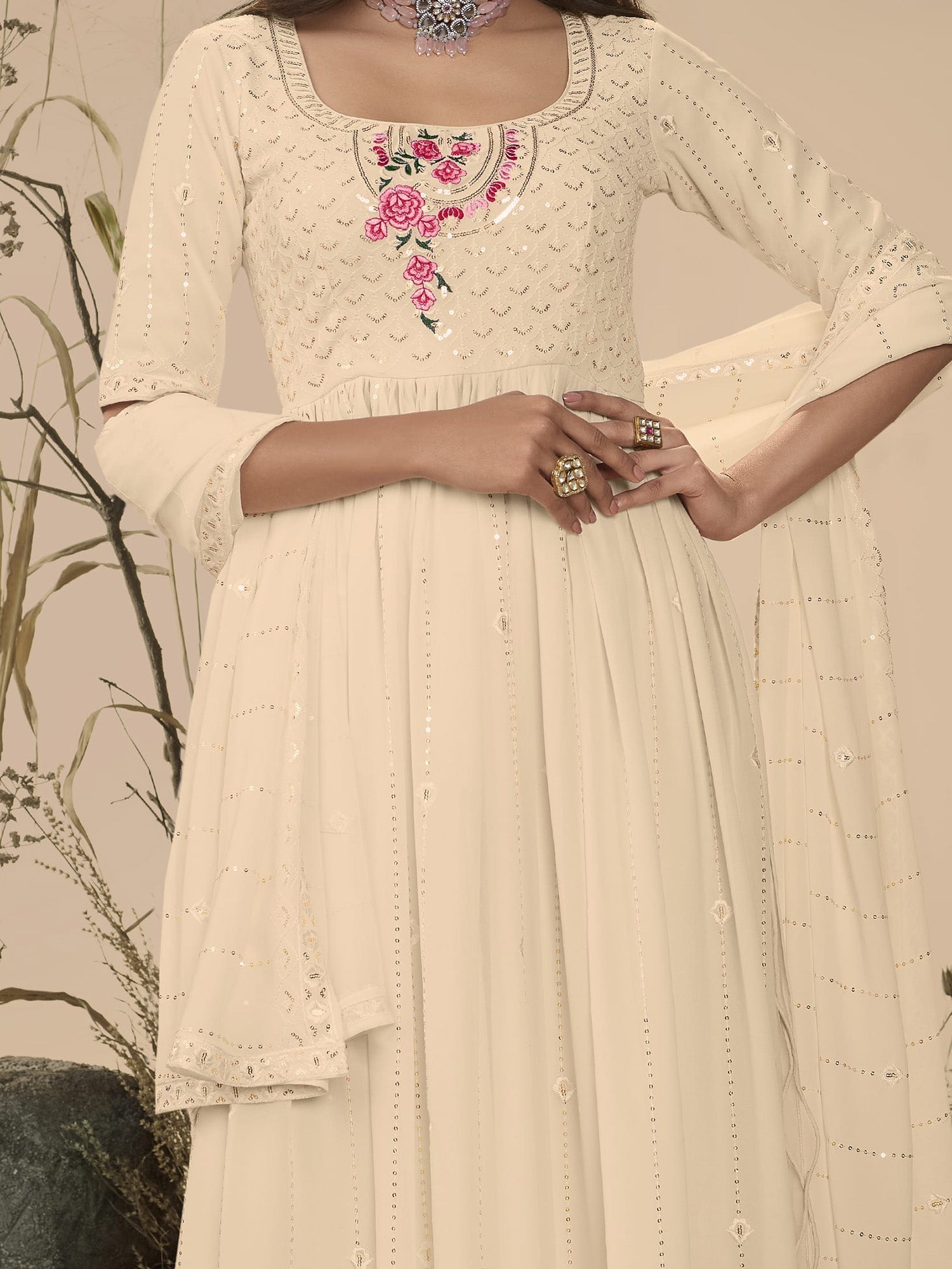 Off-White Georgette Palazzo Suit with Sequins and Thread Embroidery