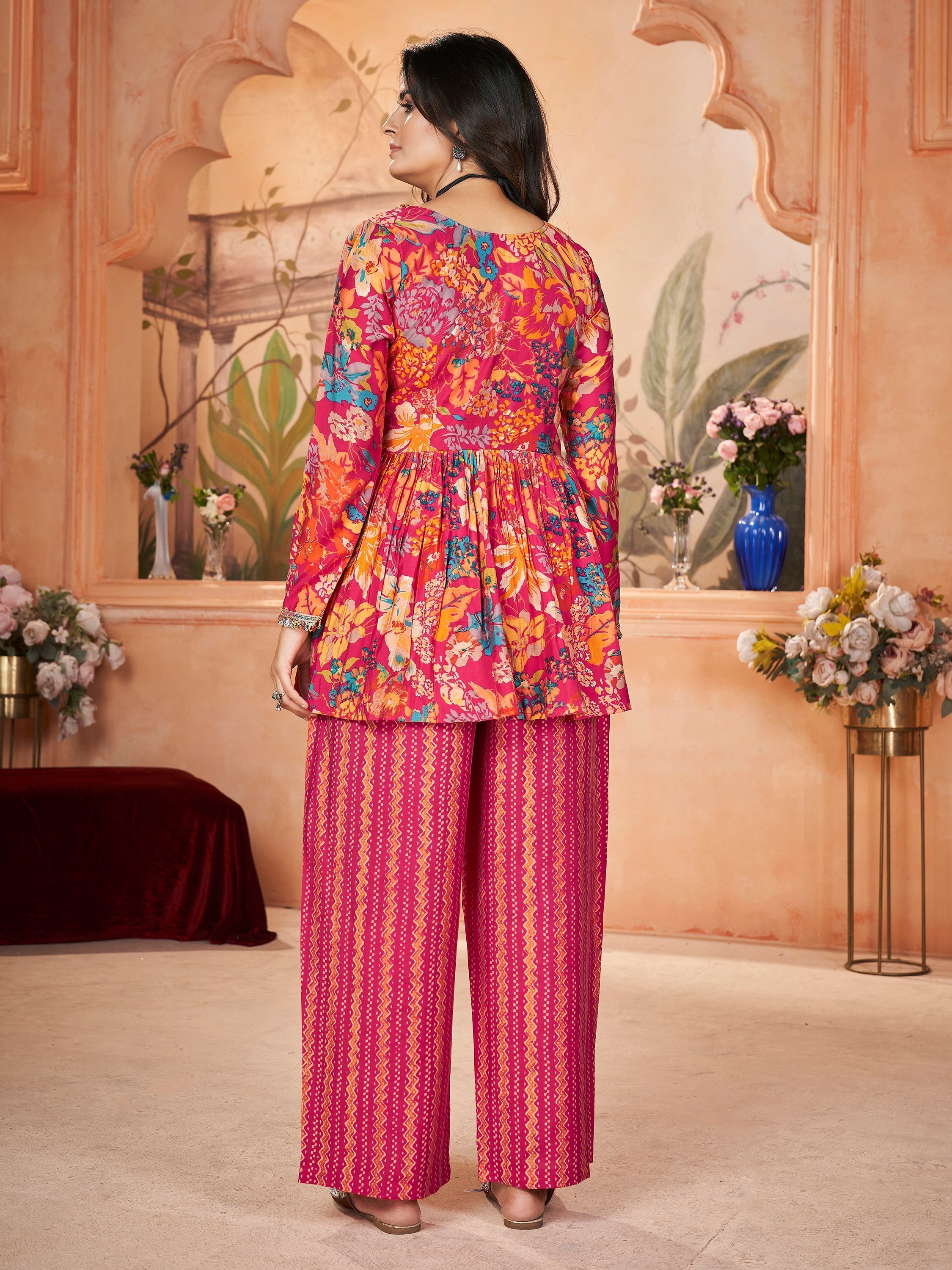 Coordinating silk dupatta with digital print work for added sophistication