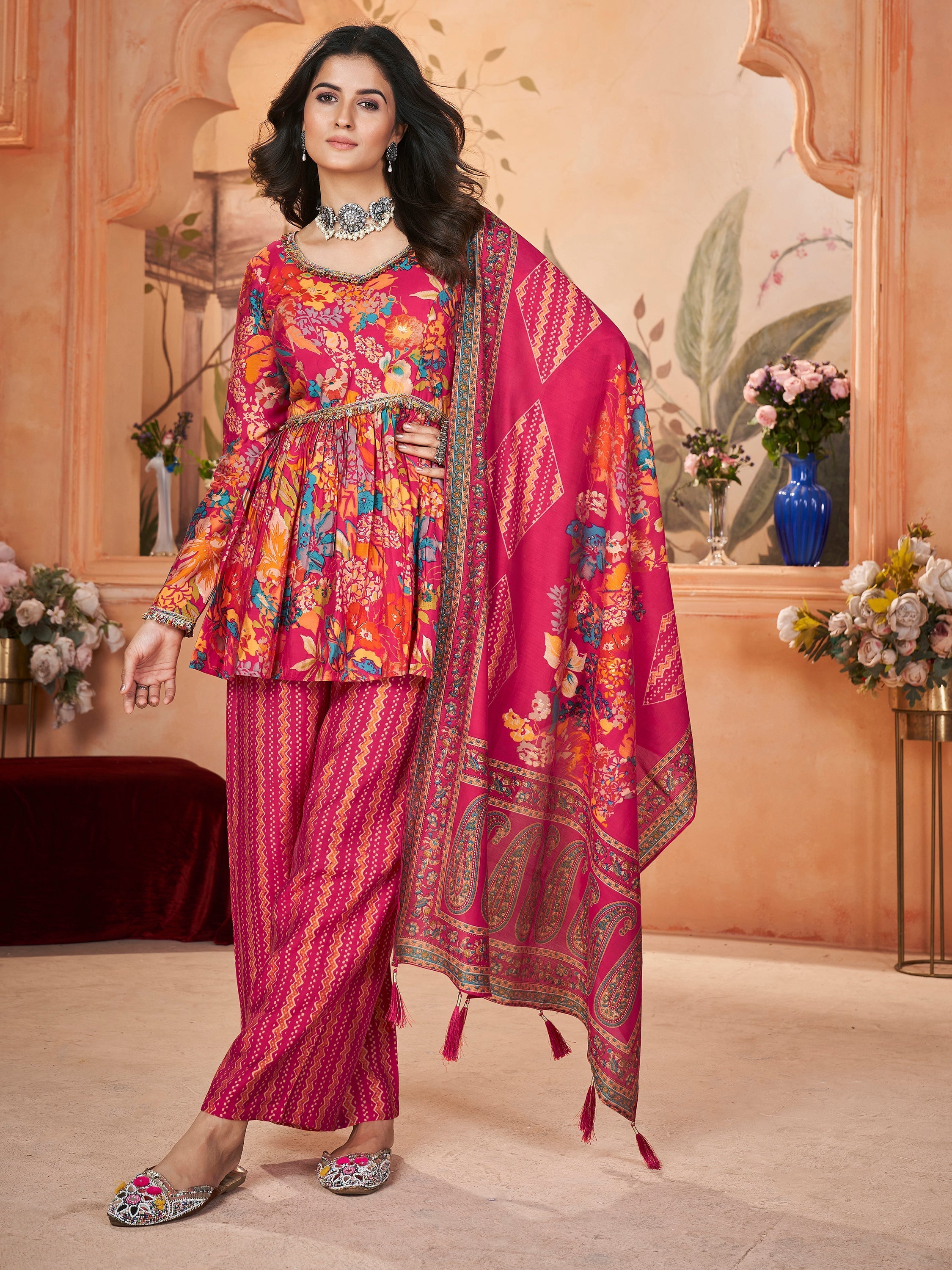 Captivating pink silk palazzo suit with intricate print and foil work
