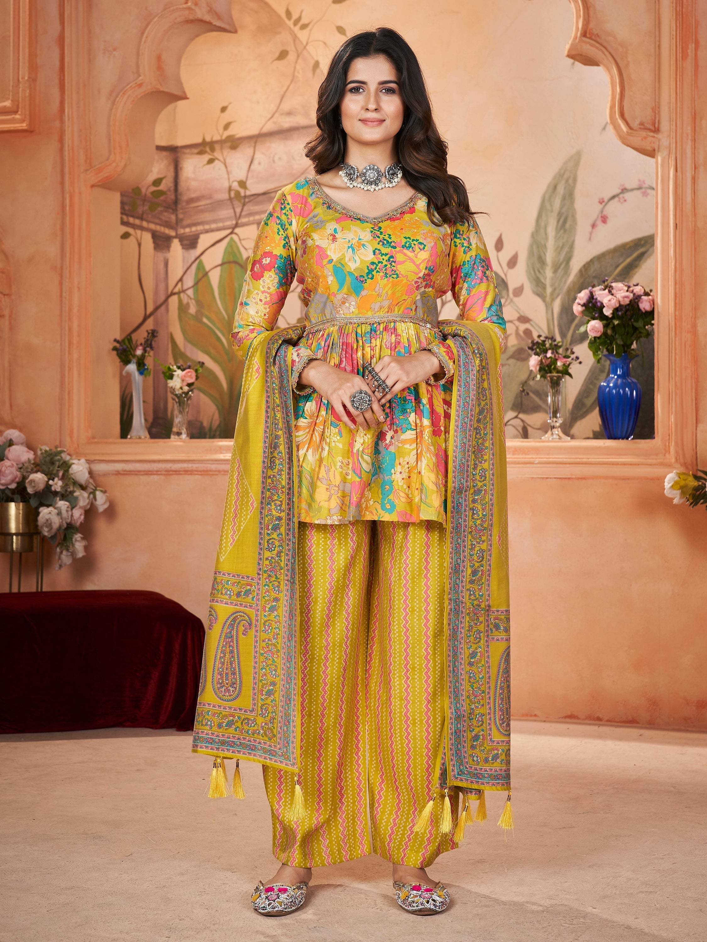 Yellow printed silk traditional palazzo suit with dupatta for women